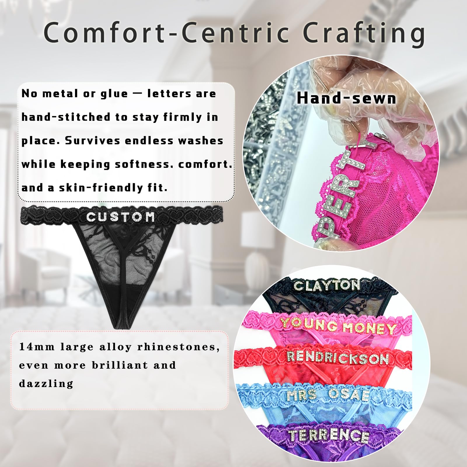 Eoribag Women's Personalized Thongs with Funny Rhinestone Letters, Custom Name Underwear Panties for Couples: A-custom Large