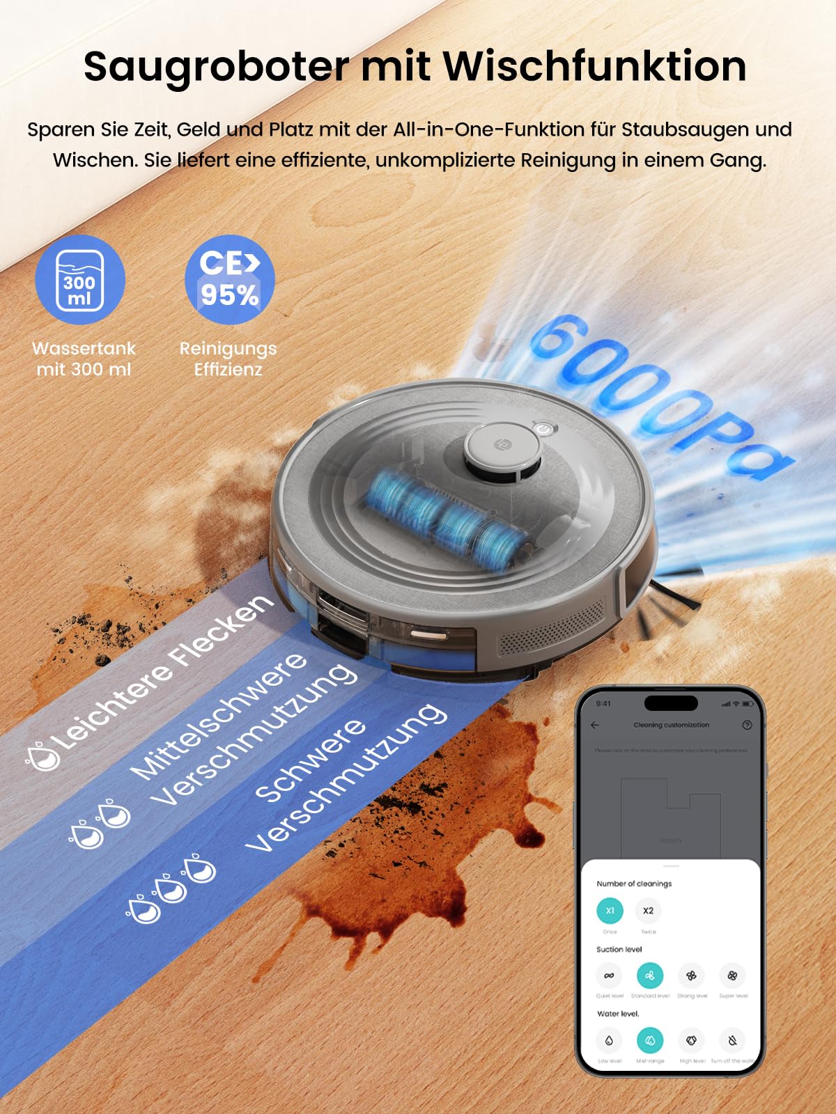Lefant M2 Pro Saugroboter mit Wischfunktion, LiDAR-Navigation Mapping, Staubsauger Roboter mit Absaugstation, 6000Pa, APP/Alexa Steuerung, Roboterstaubsauger Saugkraft ideal für Teppich Mondgrau
