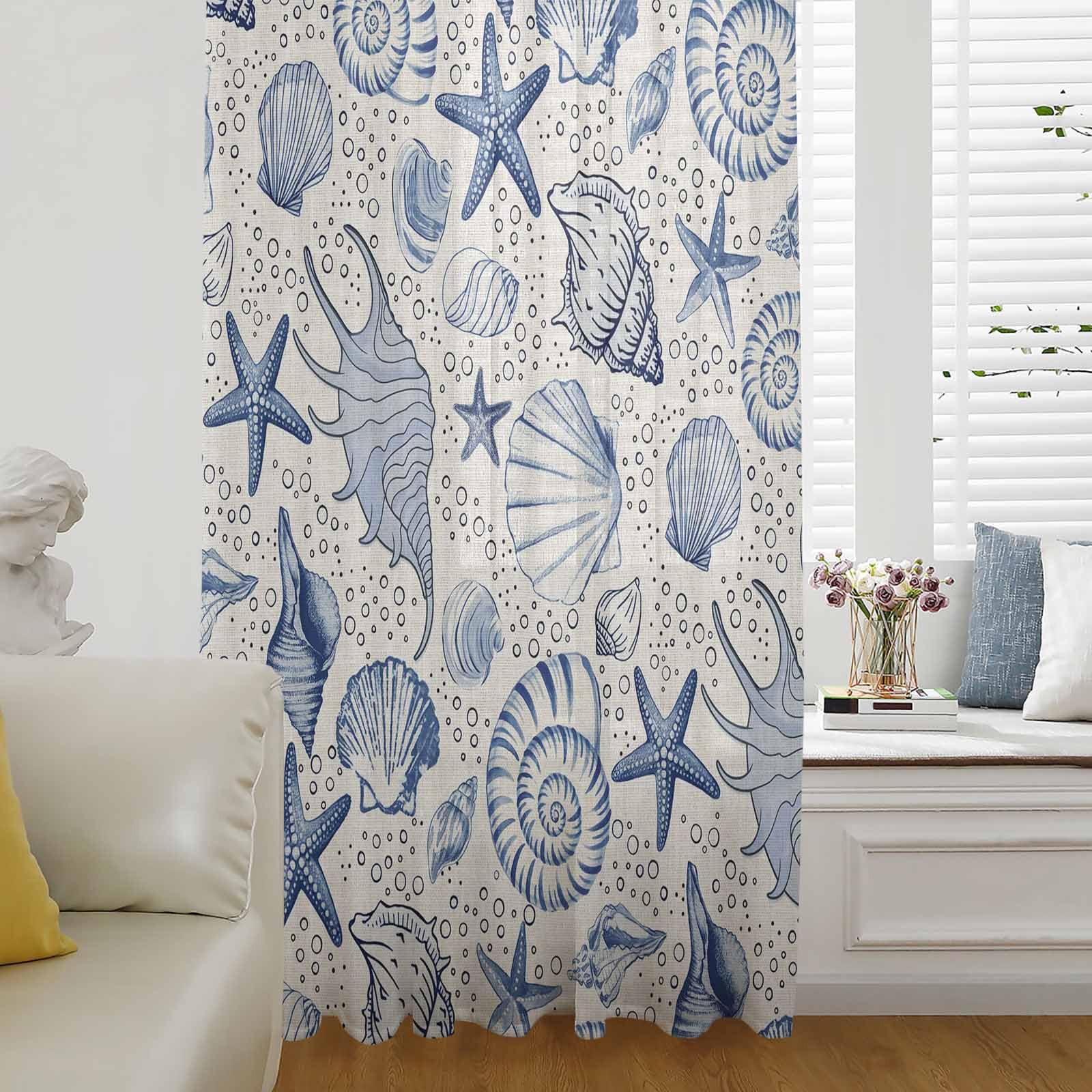 Sheer Curtains 84 Inches Long for Living Room/Bedroom, Navy Blue Coastal Rod Pocket Voile Kitchen Curtains & Drapes Window Treatment 1 Panel, 52"W x 84"L Nautical Ocean Shell Starfish Sea Rustic