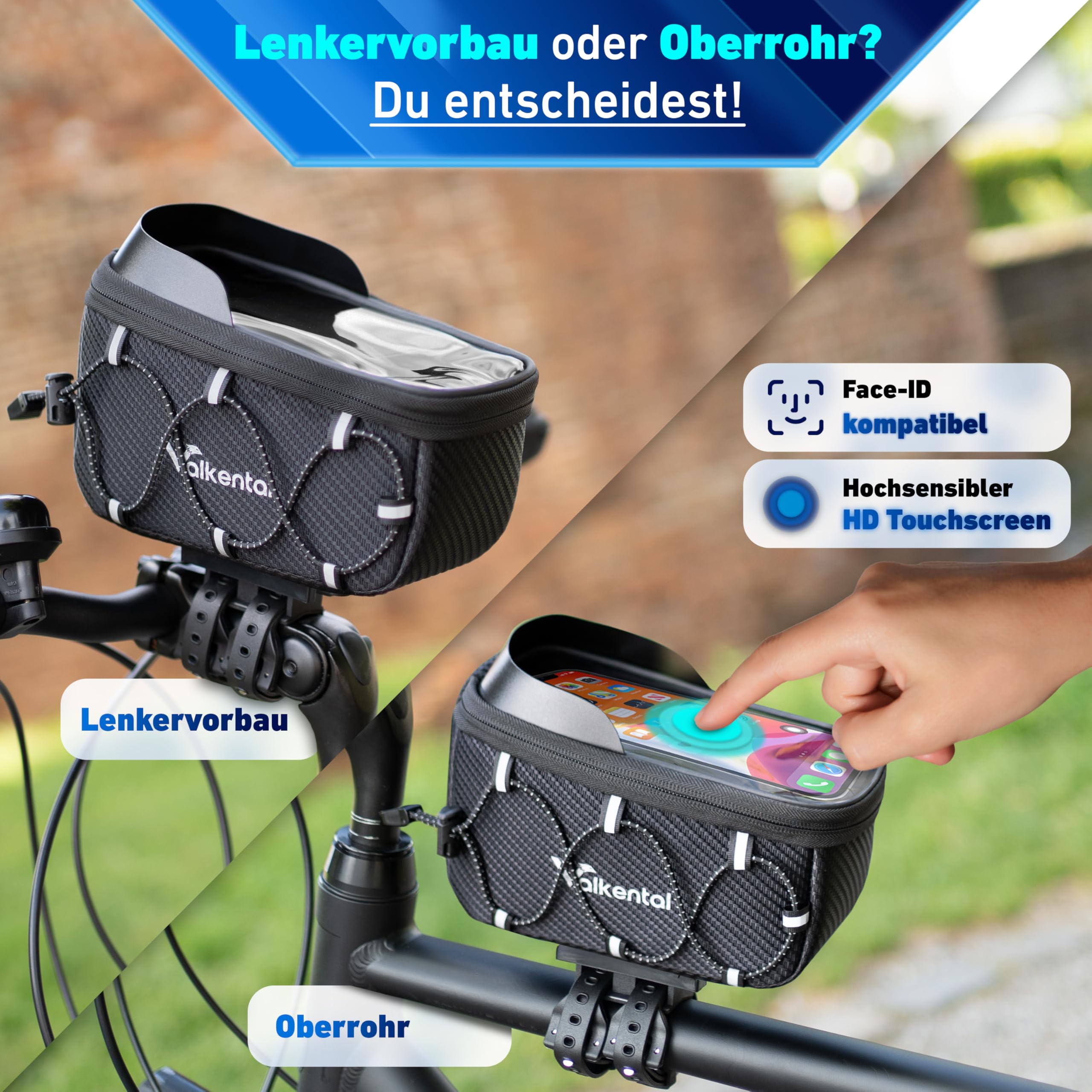 Valkental® Fahrrad Rahmentasche [Innovativer Adapter] Wasserfeste Oberrohrtasche mit Schnellspanner für Ebike, Rennrad & MTB [Viel Platz] Fahrradtasche Rahmen Handy – Handytasche mit sensibler Folie