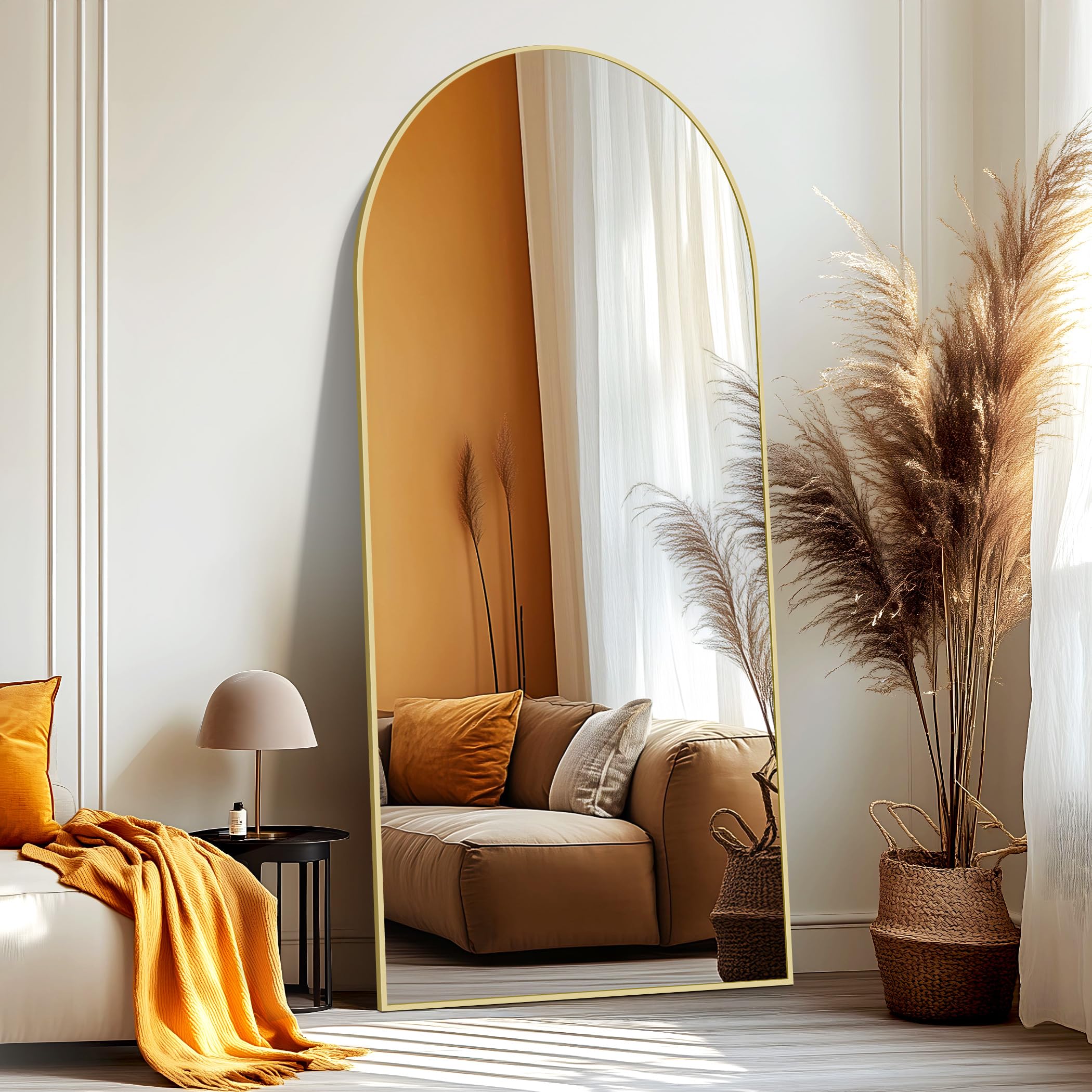 NASSYOU Specchio da Terra, 192 x 85 cm Specchio ad Arco con Cornice in Alluminio Oro per Bagno, Camera da Letto, Ingresso e Corridoio