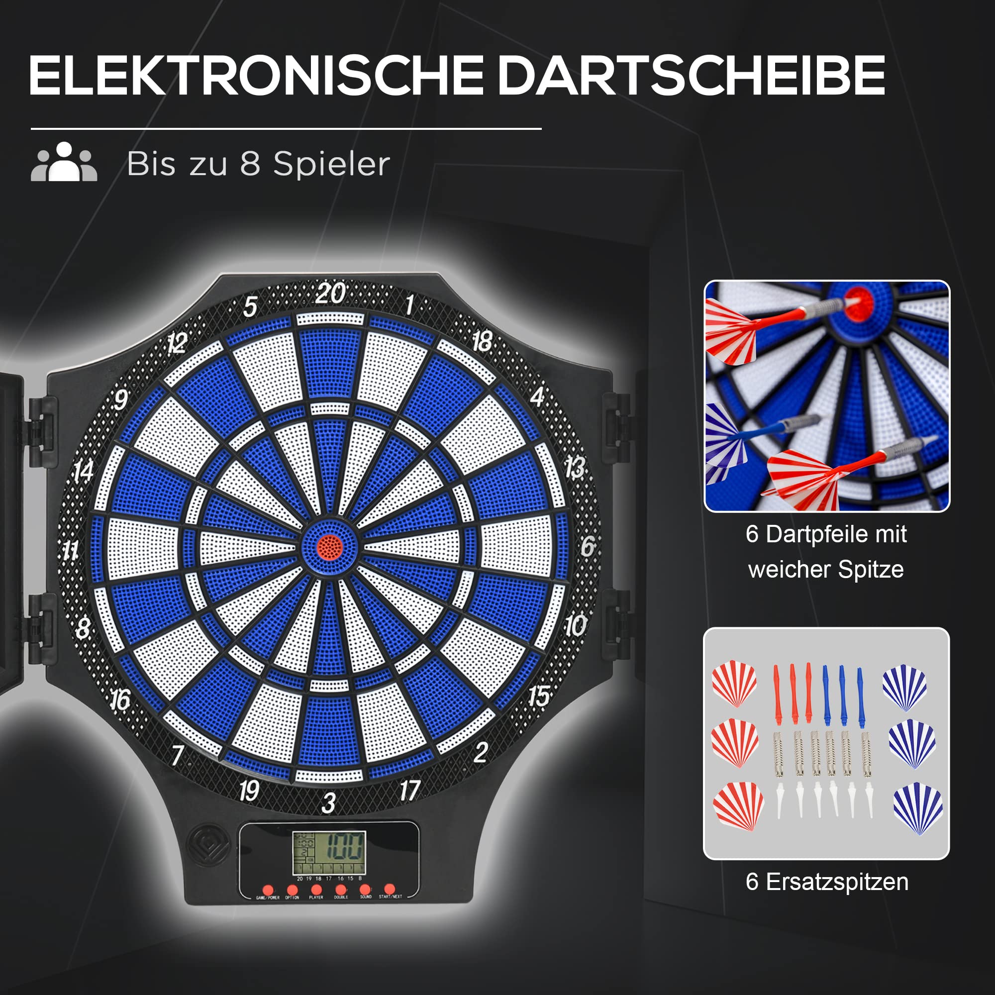SPORTNOW Elektronisch dartbord voor 1-8 spelers, LCD-display, 6