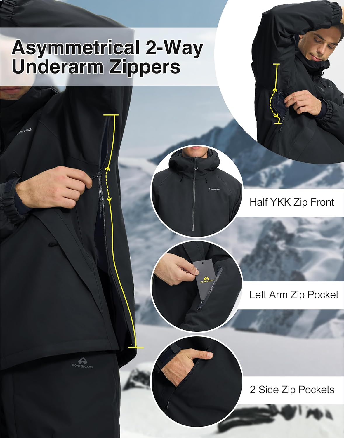 Pioneer Camp Ski Jacket Men Baggy Waterproof Insulated Half Zip Snowboard Snow Coat Shell Jackets Winter Warm Outdoor