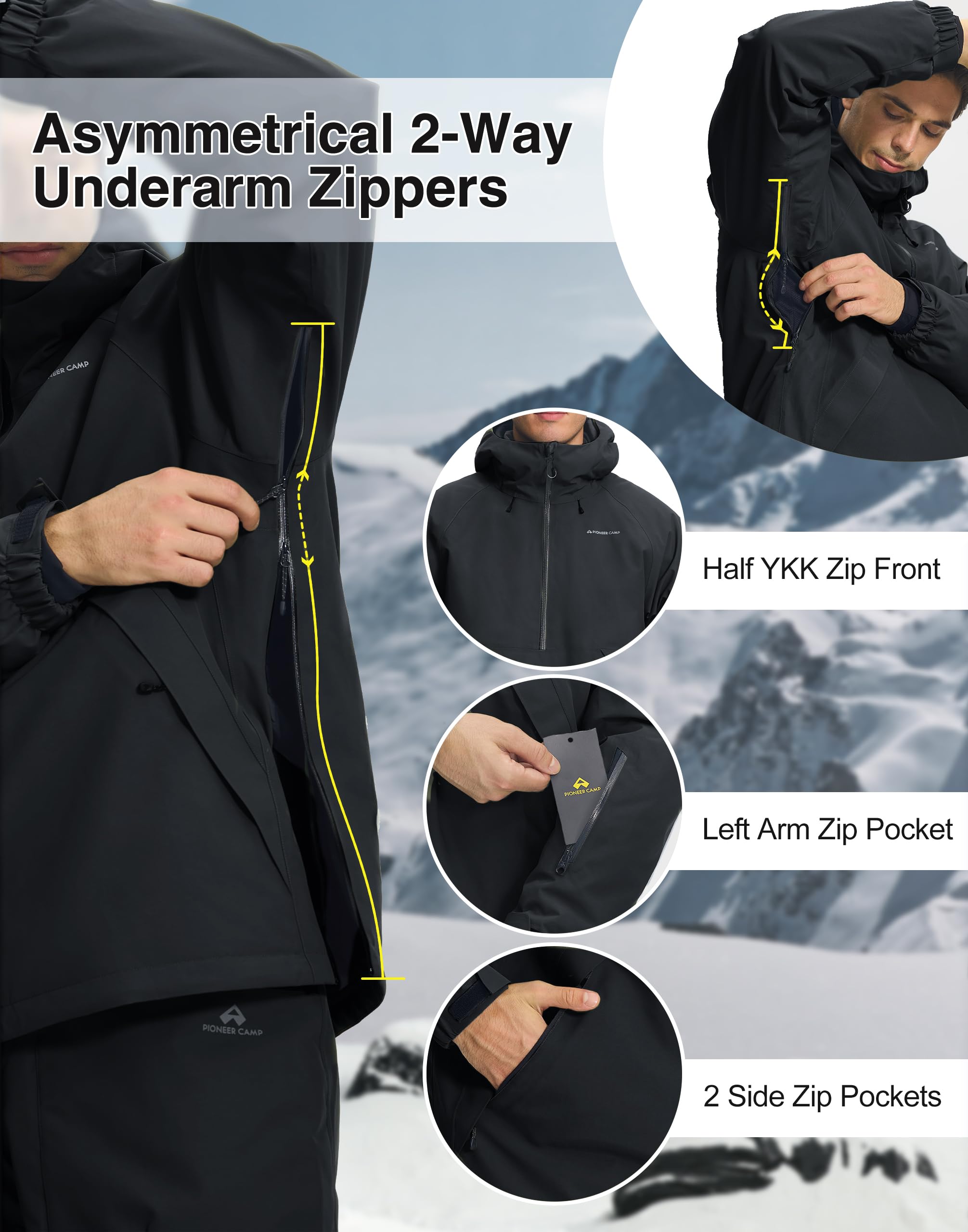 Pioneer Camp Herren Semi-Front Skijacke mit 10000 mm Wassersäule – Wasserdichte & atmungsaktive (7000 g) Ski- und Snowboardjacke mit abnehmbarem Schneerock, Verstellbarer Kapuze