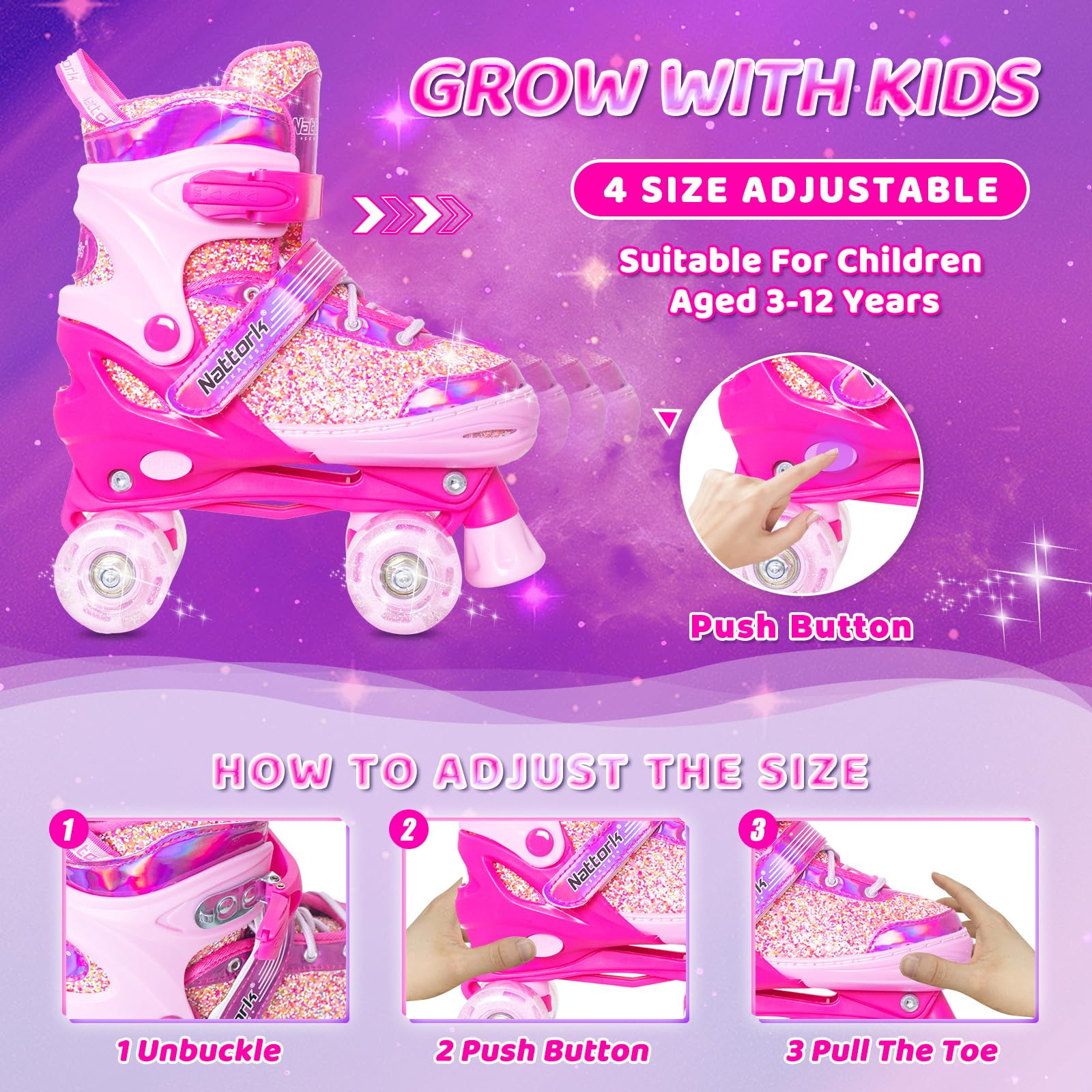 Nattork Patins à roulettes réglables avec 4 tailles pour filles, garçons débutants, à l'intérieur et à l'extérieur