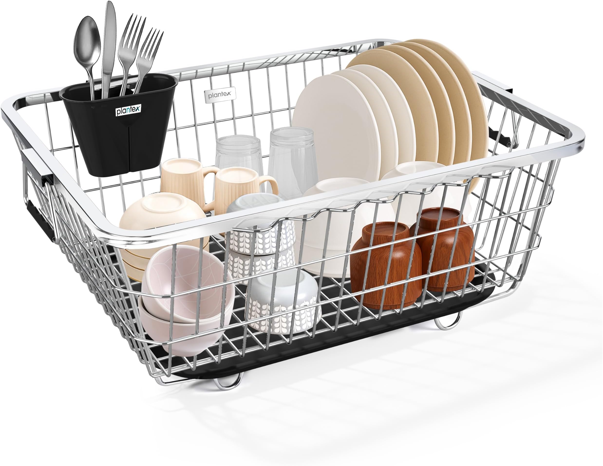 Plantex Stainless Steel Dish Drying Rack/Utensil Drying Rack for Kitchen/Dish Rack with Drainer Tray/Vessel Drainer Basket for Utensils/Bartan Basket Stand (Size- 58.5x44.5x23.5 CM - Chrome Finish)