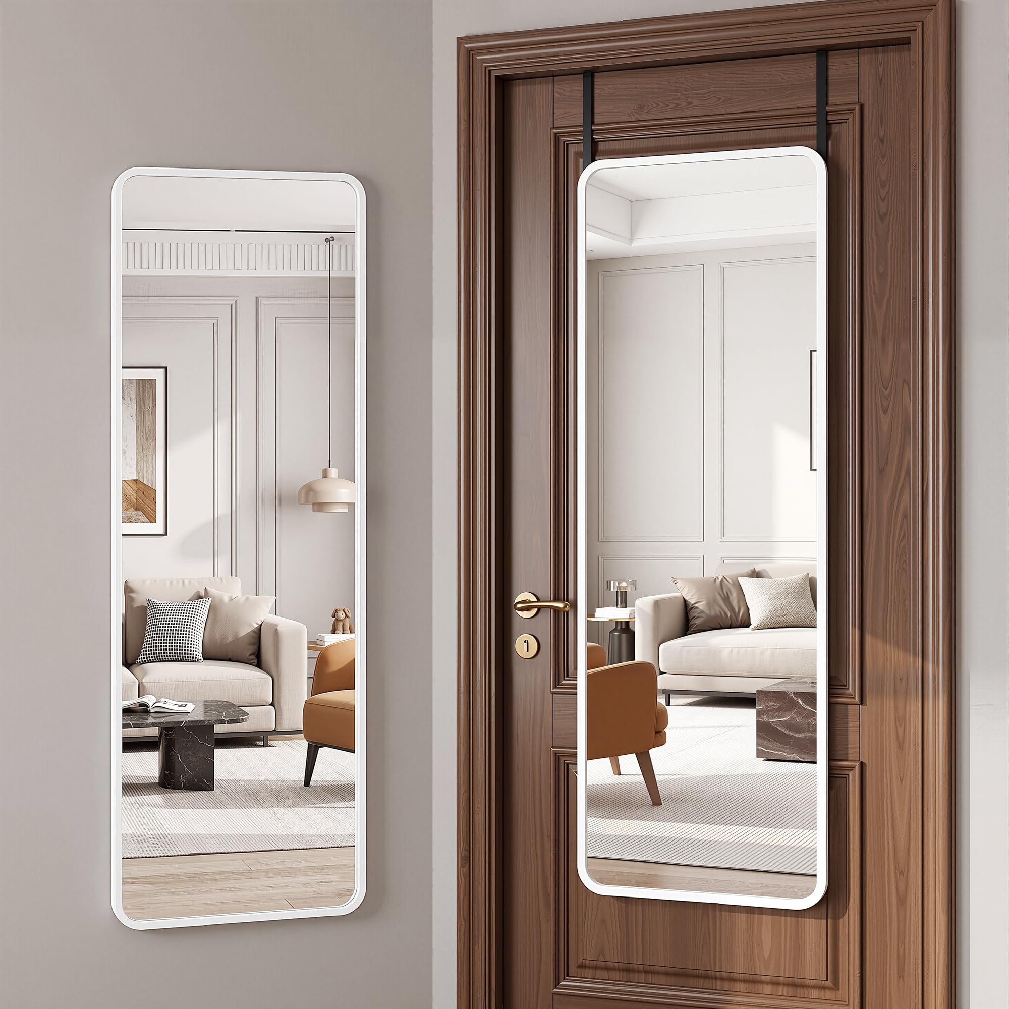 Suidia Full Length Mirror Over the Door&amp;Wall Mounted, 48"x14" Door Mirror with Aluminum Alloy Frame, HD Shatterproof, No-Drill, Hanging Mirrors for Bedroom, Bathroom, Dorm, Closet, Rounded Rect, White
