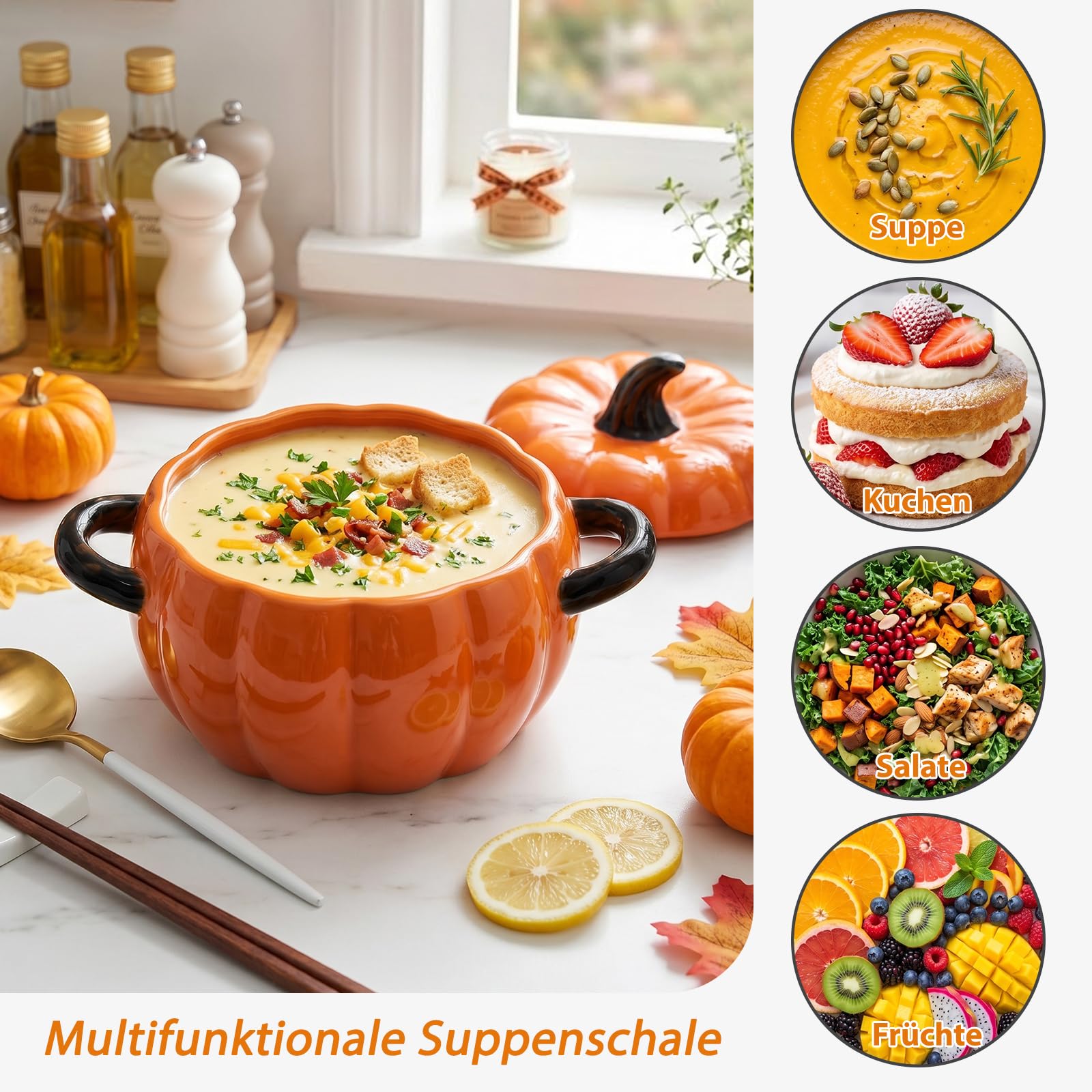 Justup Cuenco de sopa con asa, olla de cerámica de 1,9 l de calabaza, cerámica para servir cuencos para hornear, recipiente con tapa, decoración de Halloween, utensilios de cocina para el hogar