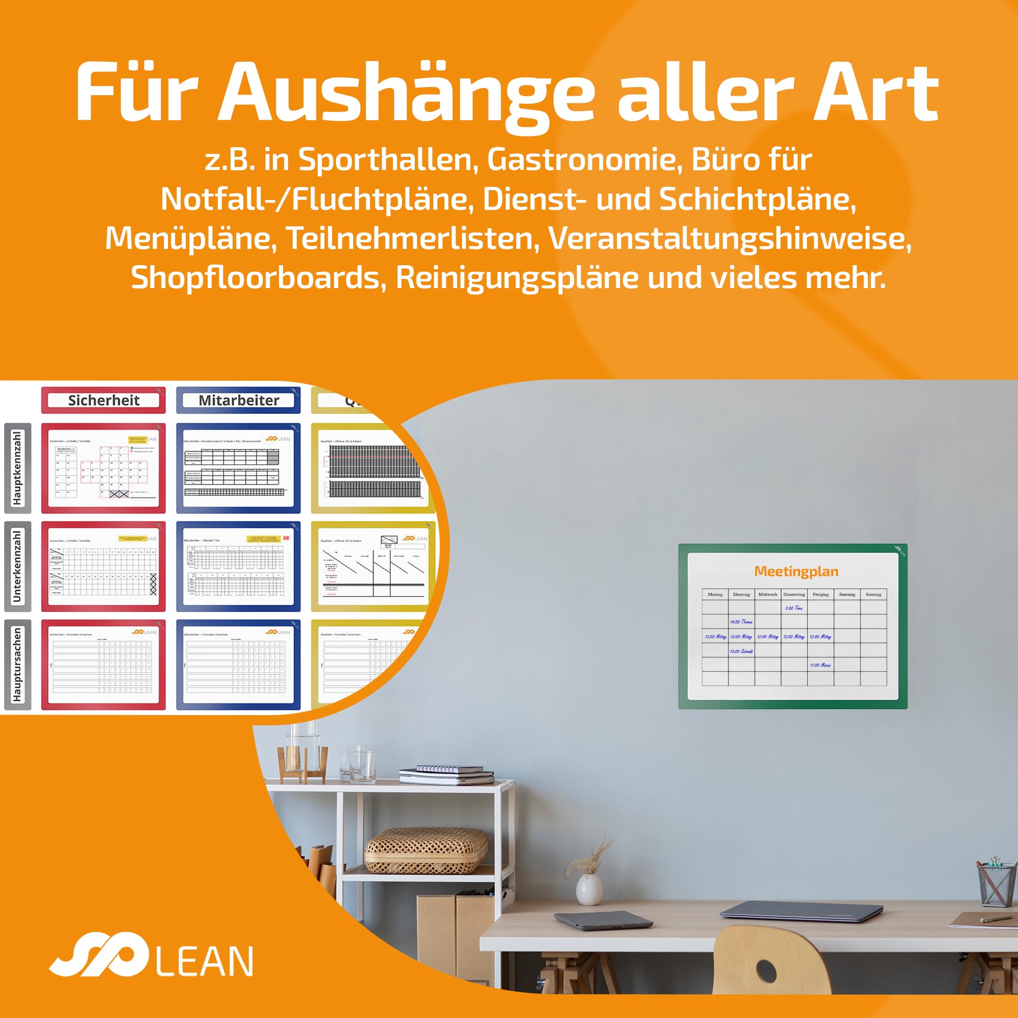 spLEAN 5 Stück Dokumentenhalter klebend mehrfach ablösbar DIN A4, Rahmen, weiß, Aushang aus stabiler Vinyl-Hartfolie Stärke 0,70 mm, Made in Germany