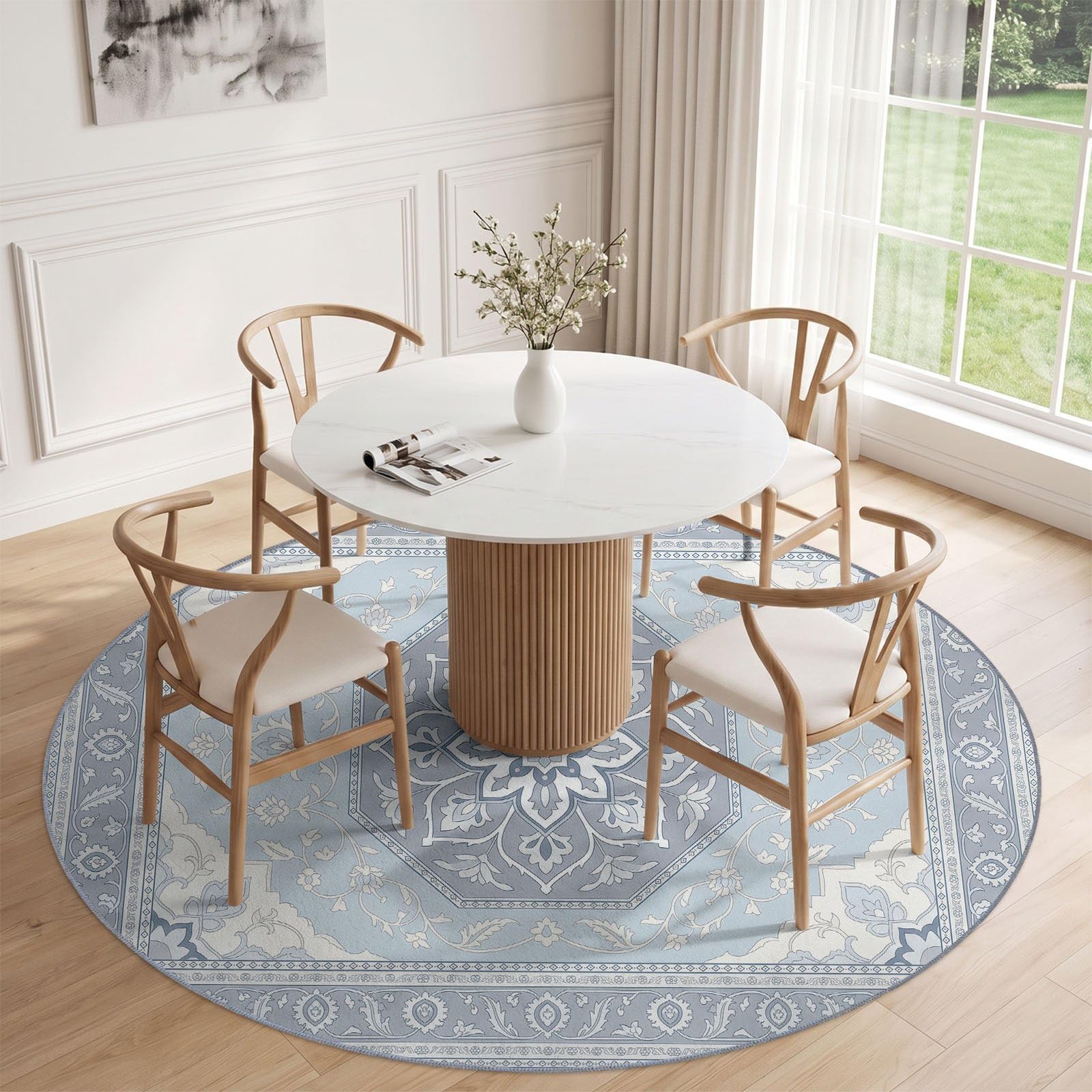 Tappeto rotondo bohemien, tradizionale 120 cm, motivo geometrico, motivo floreale, lavabile in lavatrice, per soggiorno, blu, grigio, antiscivolo, pelo corto, tappeto rotondo stampato per la cameretta