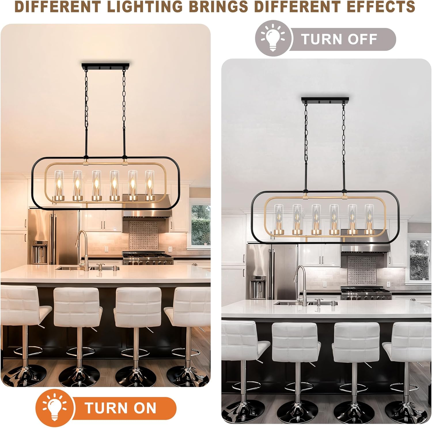 Black and Gold Chandelier, 36" Farmhouse Dining Room Chandelier with Clear Glass Shade, Modern Glass Chandelier 6-Light Kitchen Island Lights Linear Pendant Light Fixtures for High Ceiling