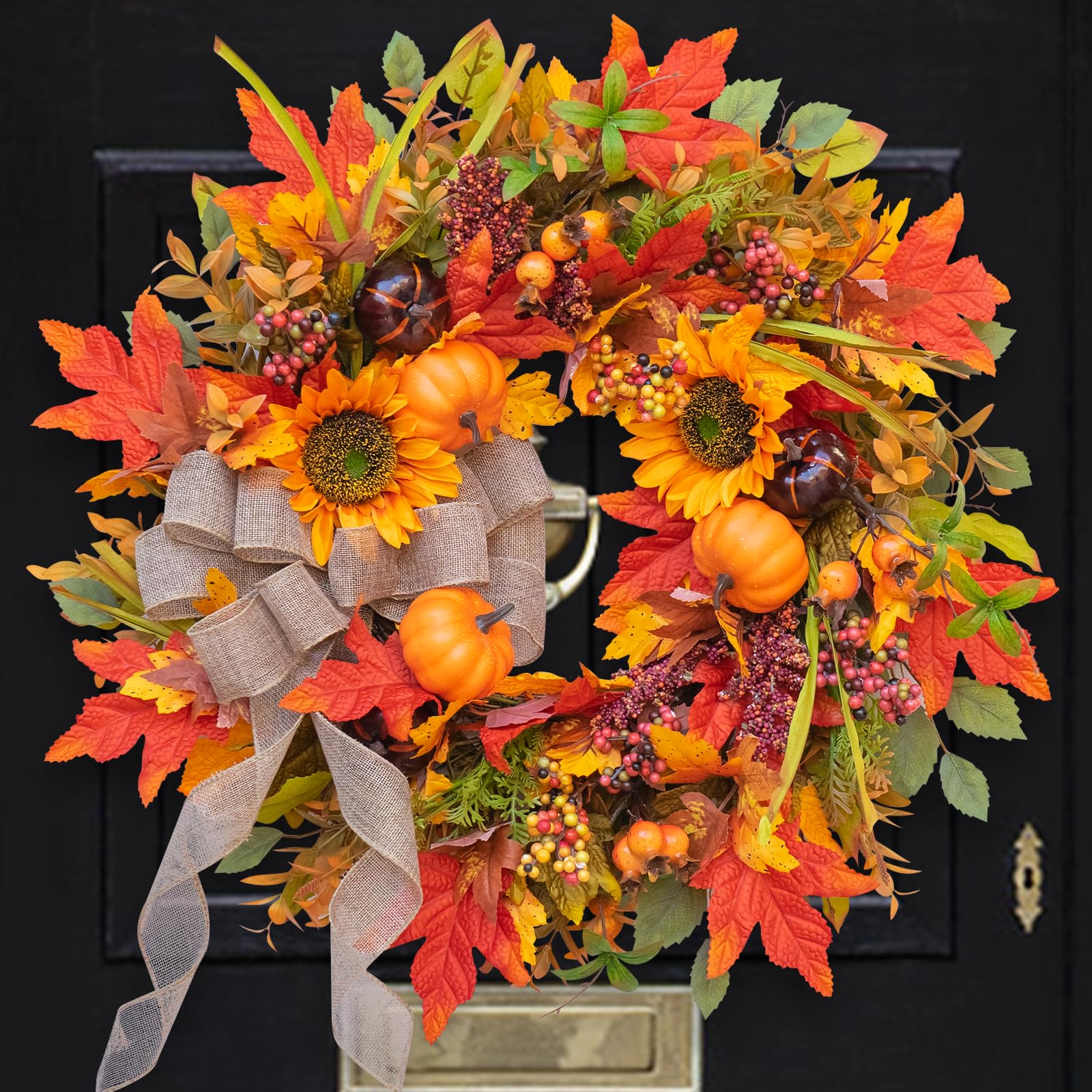 Fall Wreaths for Front Door Outside 24 Inch Autumn Wreath with Pumpkins, Sunflowers, Maple Leaves, Berries & Burlap Bow Fall Door Wreath, Autumn Wreaths for Front Door, Thanksgiving Halloween Decor