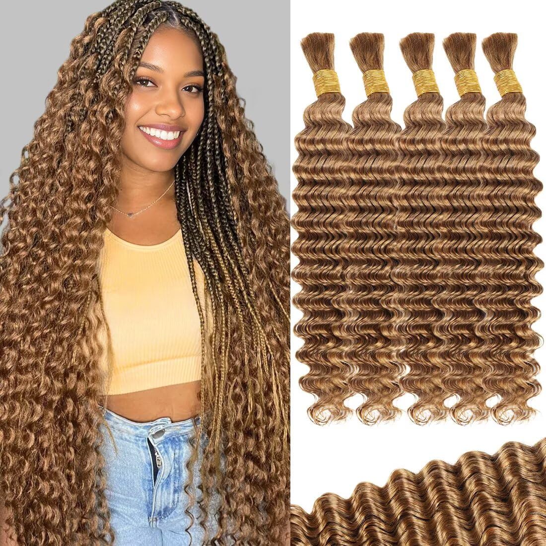 Honey Blonde Human Braiding Hair for Boho Braids 160g 5 Bundles/Pack 22 Inch Curly Boho Hair for Braiding Knotless 12A Deep Wave Bulk Bohemian Color 27