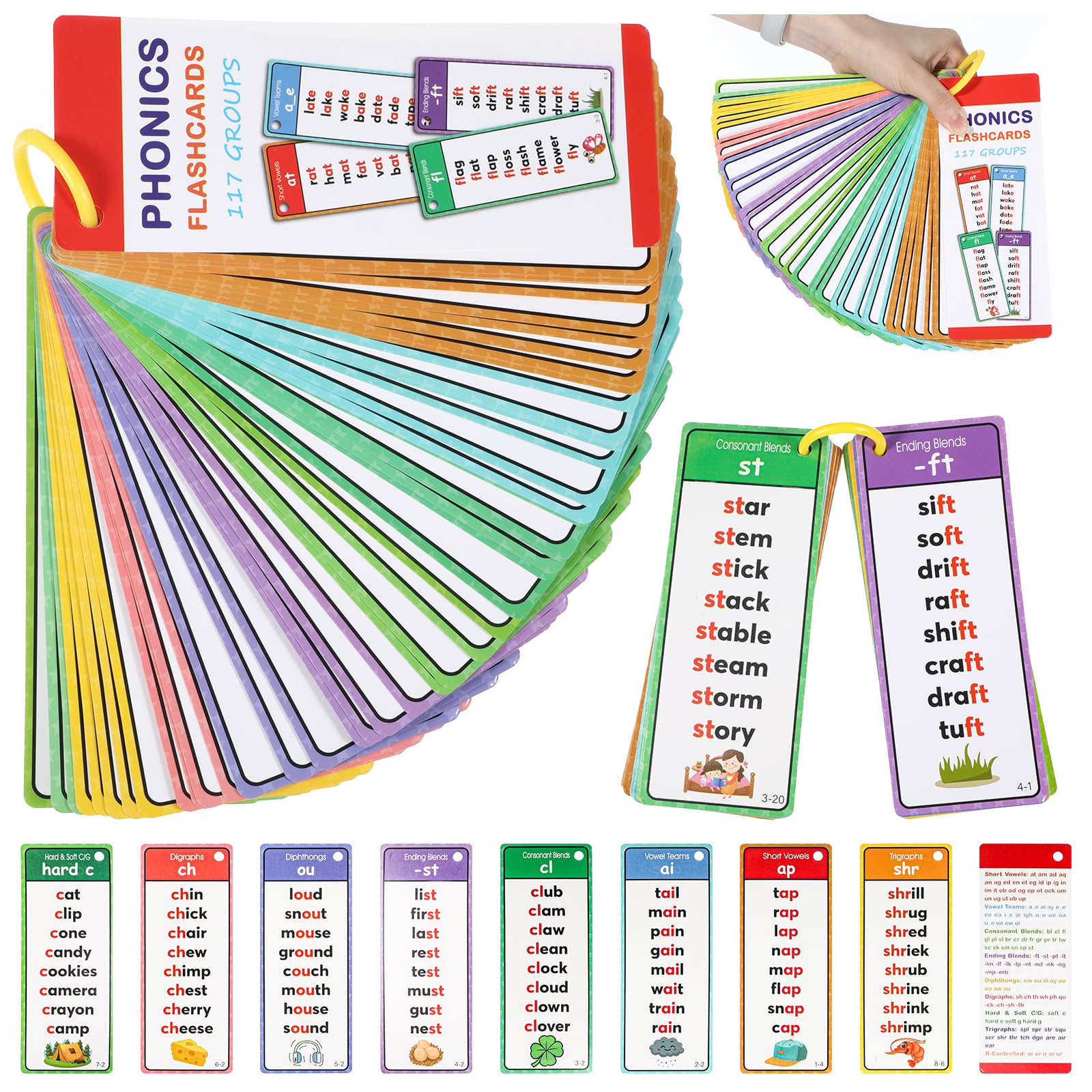 Mabor Phonics Cards - 60 Pcs Colorful Learn to Read Flash Cards, Sight Word Spelling Game Set, Kindergarten Homeschool Educational Reading Activity Toddler Educational