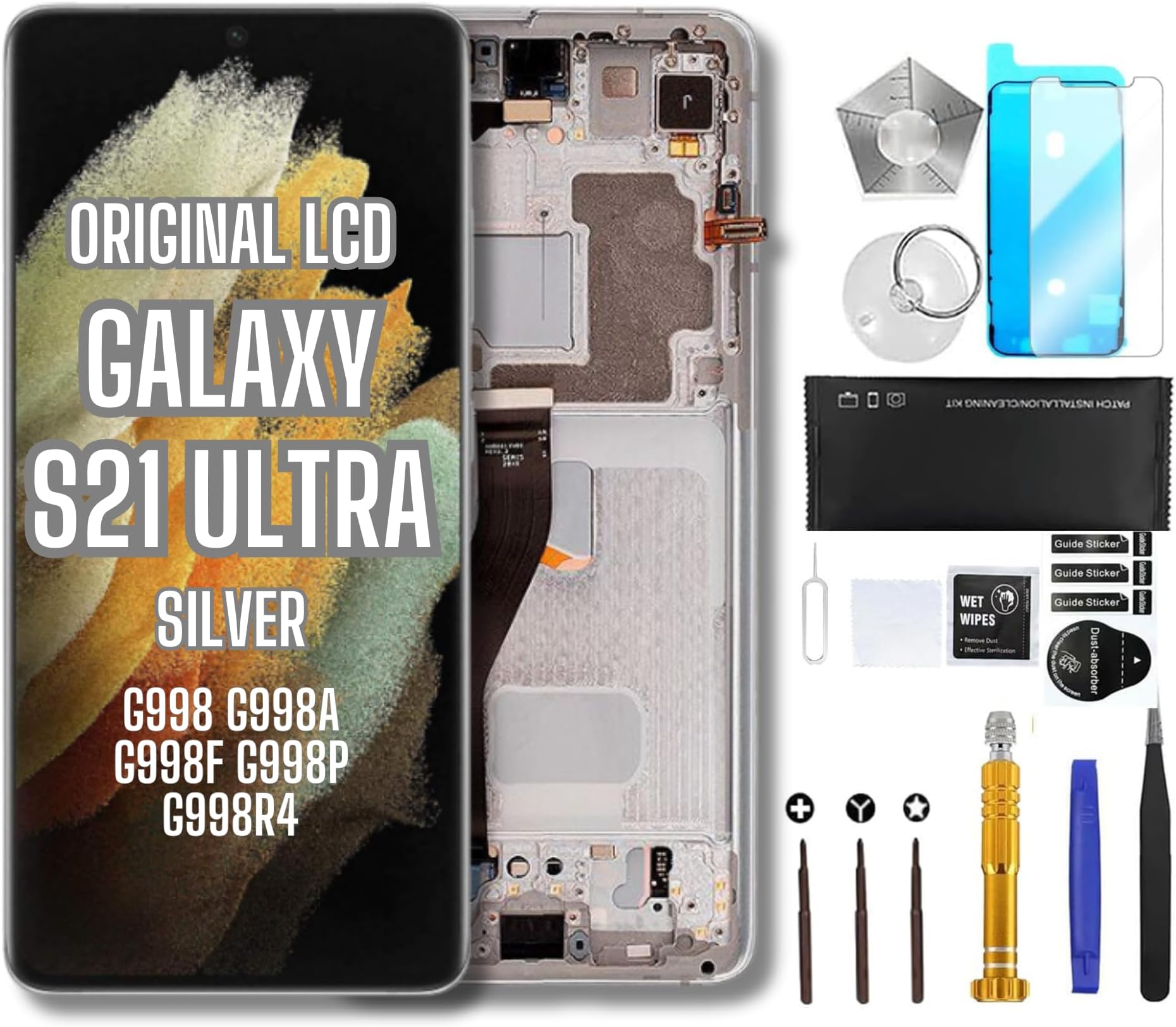 Samsung Galaxy S21 Ultra 6.8โ Original OEM Display Digitizer LCD Screen Replacement Touch Assembly 5G SM-G998 G998A G998F G998P G998R4 T U V W Premium Toolkit + Free Install (Phantom Silver Frame)