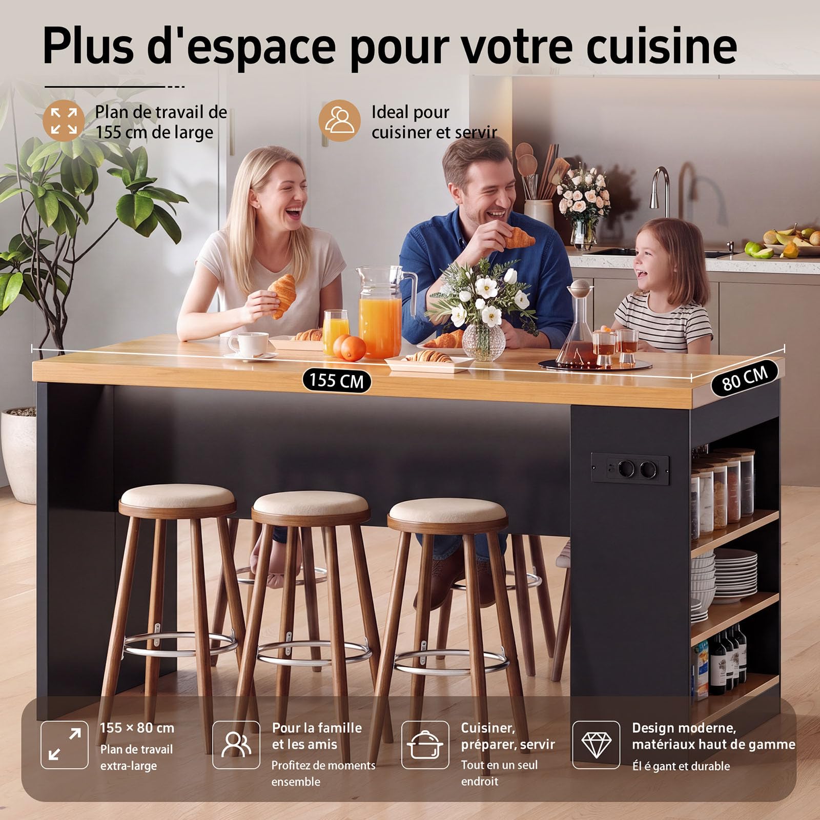 DHHU Îlot de Cuisine 155x80x90 cm avec Prises & USB, Plan de Travail Épais 40 mm, Éclairage LED Intégré, 3 Étagères de Rangement, Meuble Multifonction pour Cuisine et Salle à Manger