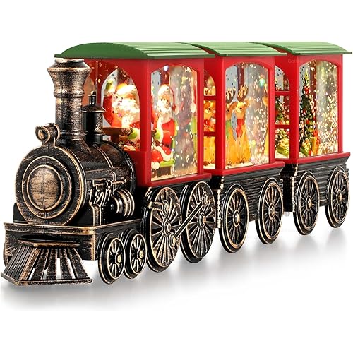 Train Snow Globe Christmas Snow Globe Lantern with Auto 6H Timer and Manual Glitter, Lighted Christmas Decorations Indoor with Santa Claus Reindeer Tree for Home Tabletop, Battery Operated