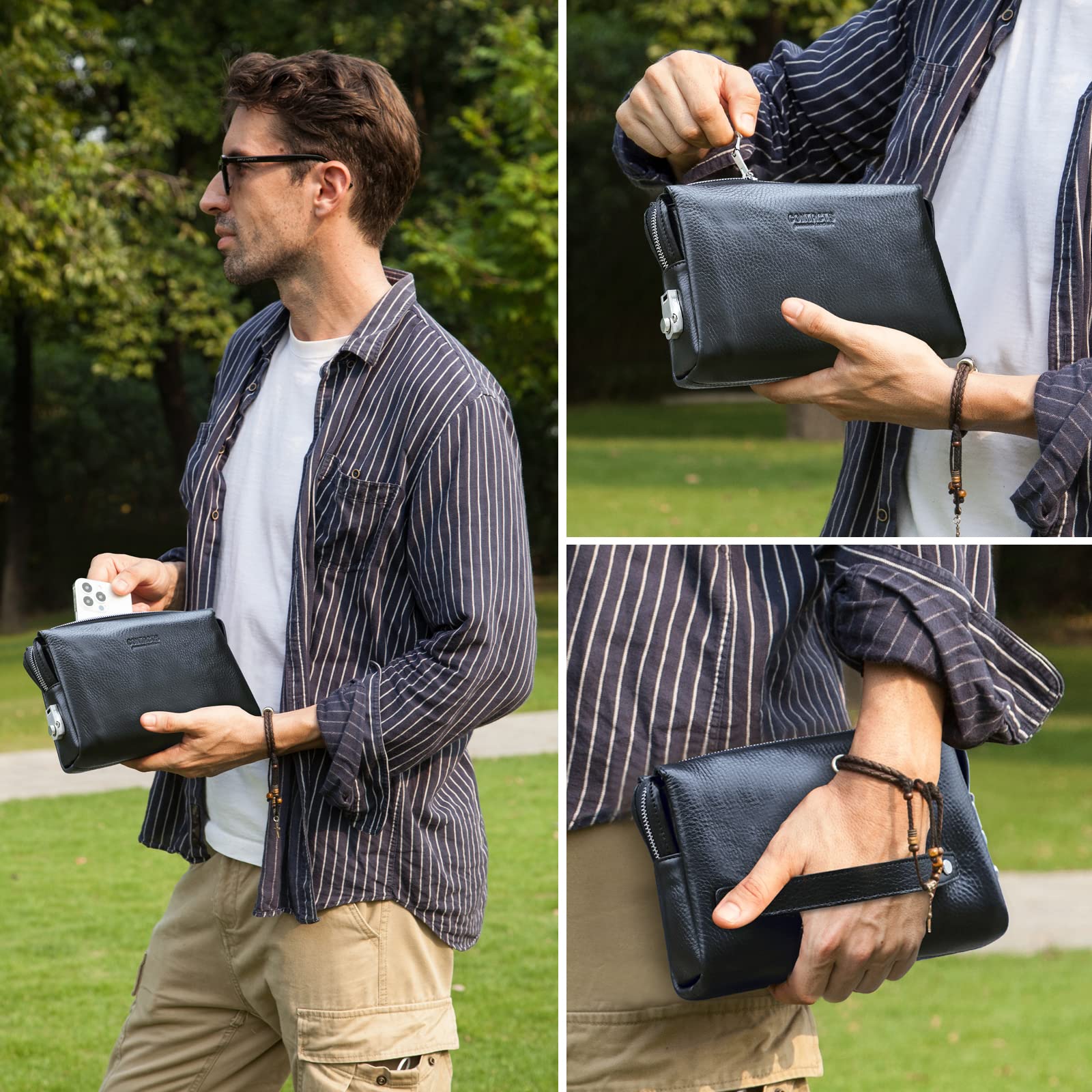 CONTACTS Bolso de mano de cuero genuino con tarjetero para hombre, cartera de gran capacidad con cerradura de combinación antirrobo