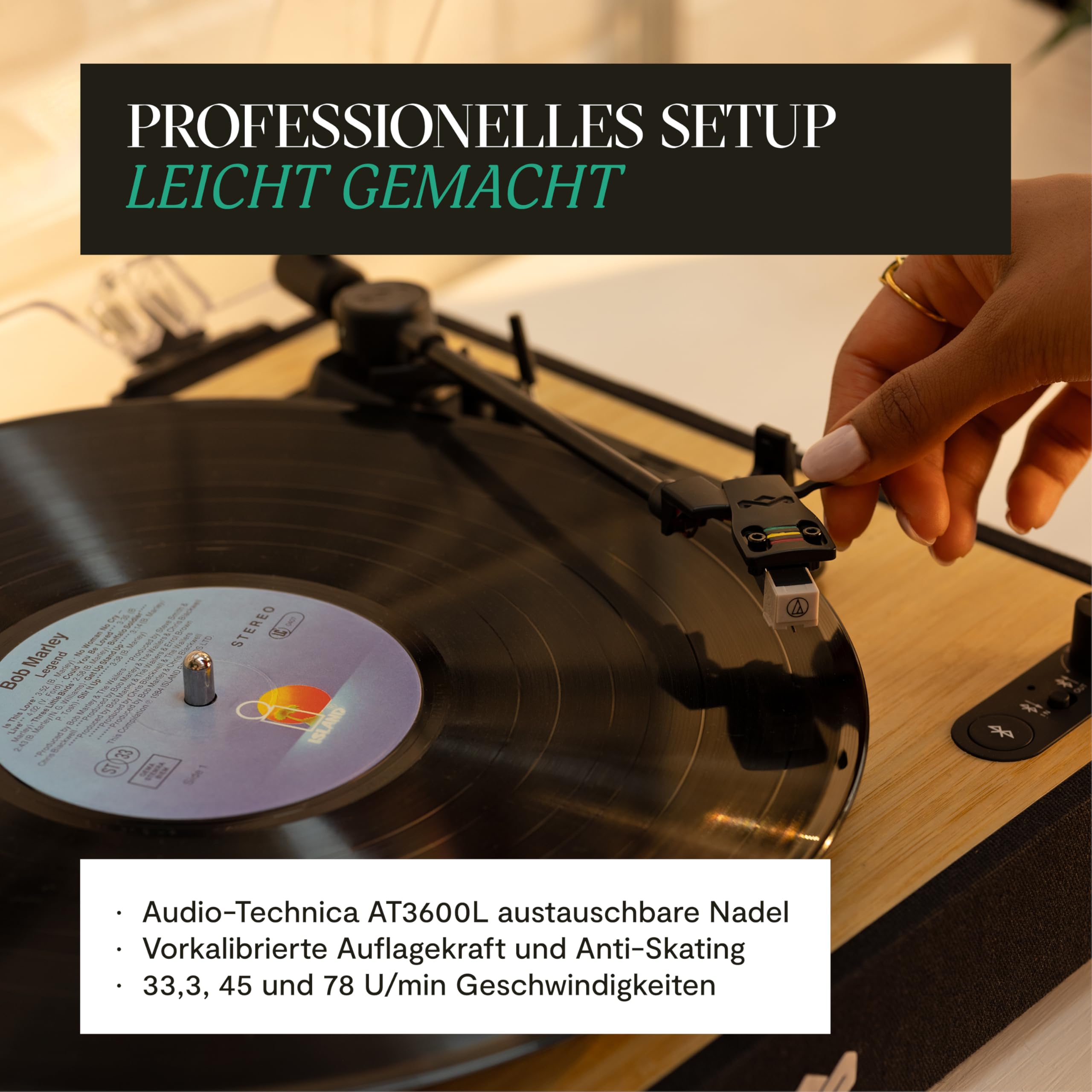 House of Marley Revolution Plattenspieler Bluetooth mit Lautsprechern | Nachhaltig gefertigter Schallplattenspieler mit kabelgebundenen Boxen, Vinyl Player mit Regallautsprechern