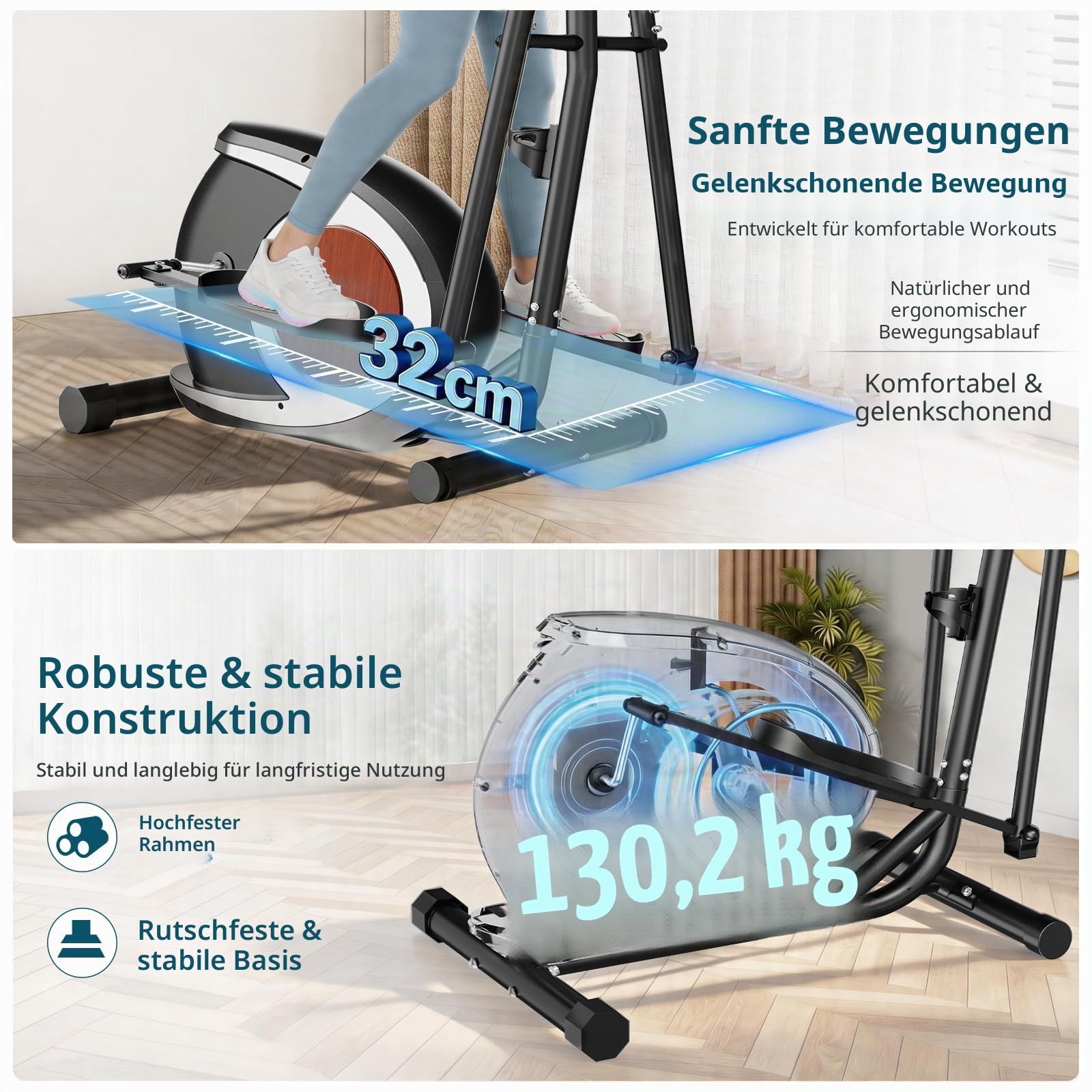 YONISEE Crosstrainer für Zuhause, Leiser Ellipsentrainer mit 16-stufigem Magnetwiderstand, LCD-Display und Bluetooth‑App‑Kompatibilität, Ganzkörper-Fitnessgerät für Heimtraining, Bis 130 kg