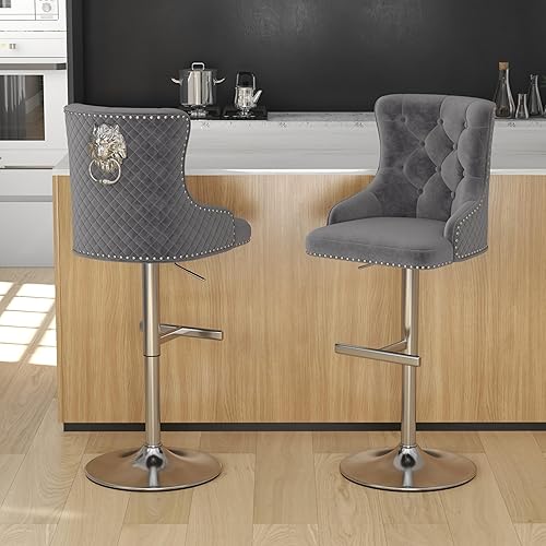 Miniatura 2 de Juego de 2 taburetes de bar de terciopelo con anillo giratorio de león para encimera de cocina, taburetes de bar tapizados con cabeza de clavo, Gris