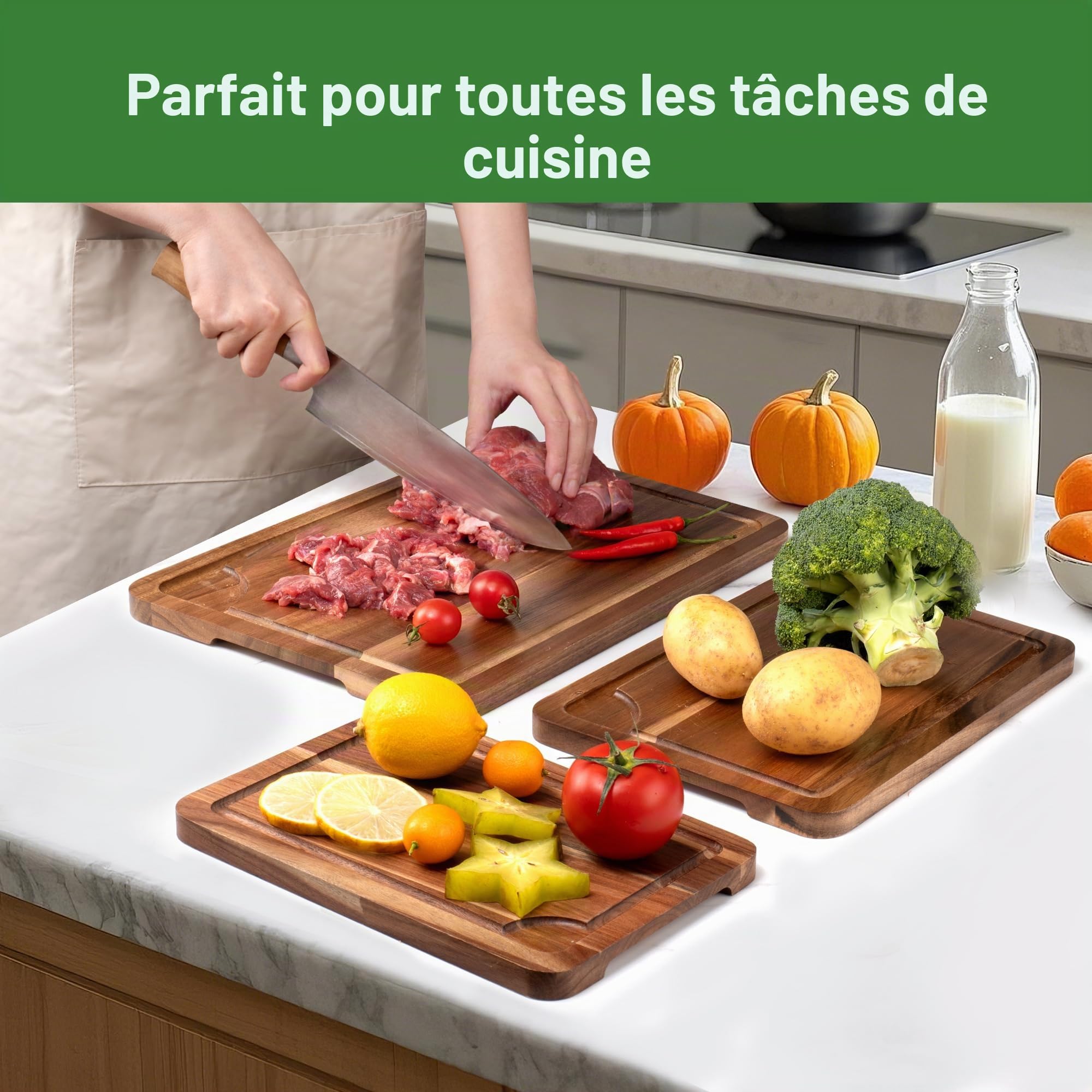 Set de 3 Planches à Découper en Bois d'Acacia avec Rainure pour Jus, Support et Couteau à Fruits Offerts, Planche à Découper Double Face pour Viande, Légumes et Fromage.