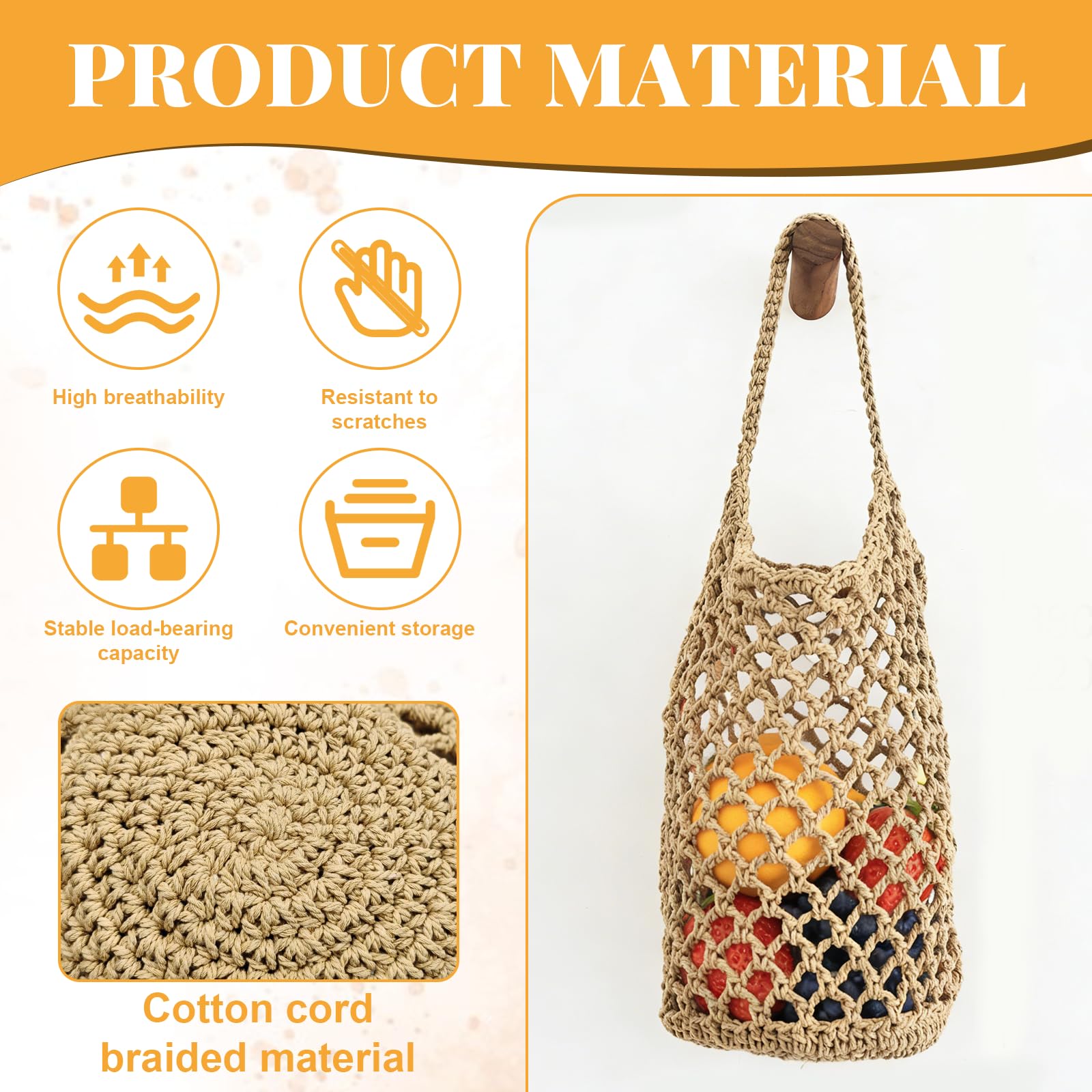 Hängekorb, Obstkorb Hängend Hängekorb Küche, 2er Set Handgewebter Netzbeutel Baumwolle 32x16cm zum Aufhängen für Eier Obst Gemüse, Luftdurchlässiges Design