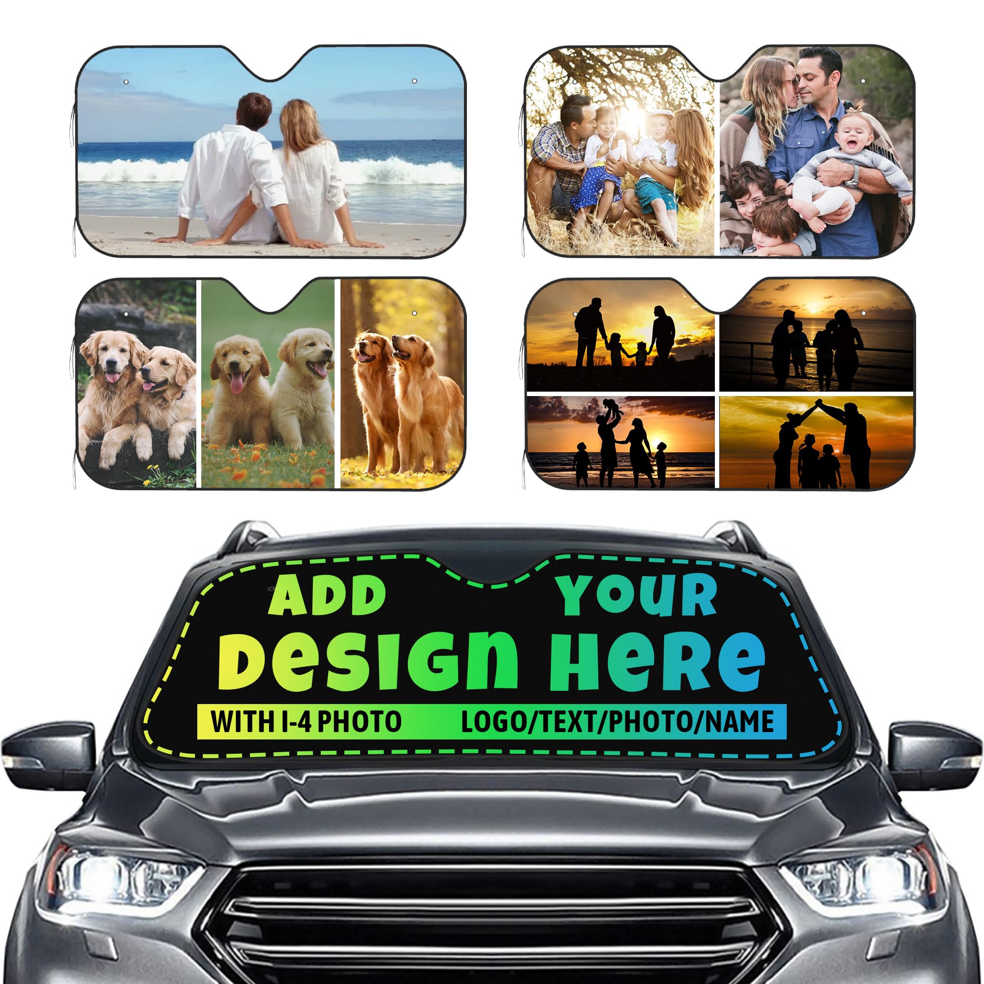 Custom Car Windshield Sunshade Personalized Sun Visor with 1-4 Photo Design Your Own Photo Logo Text Customized Windshield Sun Shade Fit for Most Car