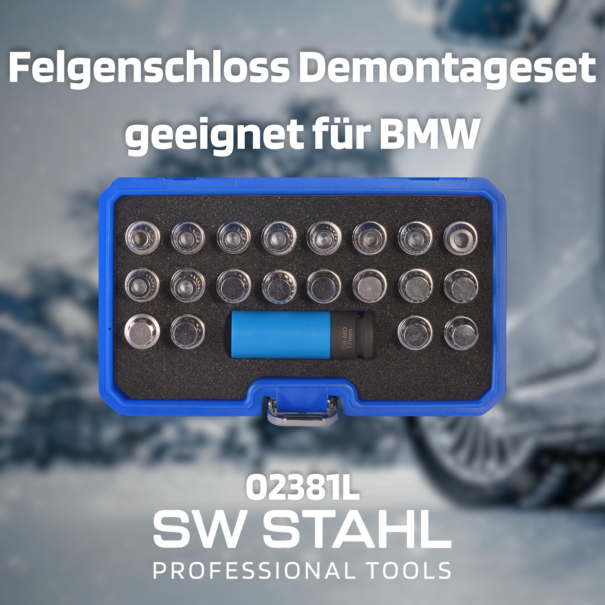 SW-Stahl 02381L Zestaw do Demontażu Zamka Felg, 21-częściowy, Klucz do Kół | Narzędzie do otwierania zabezpieczenia kół, 20 adapterów i nasadka 17 mm ze stali Cr-Mo, do pojazdów do 2012 roku