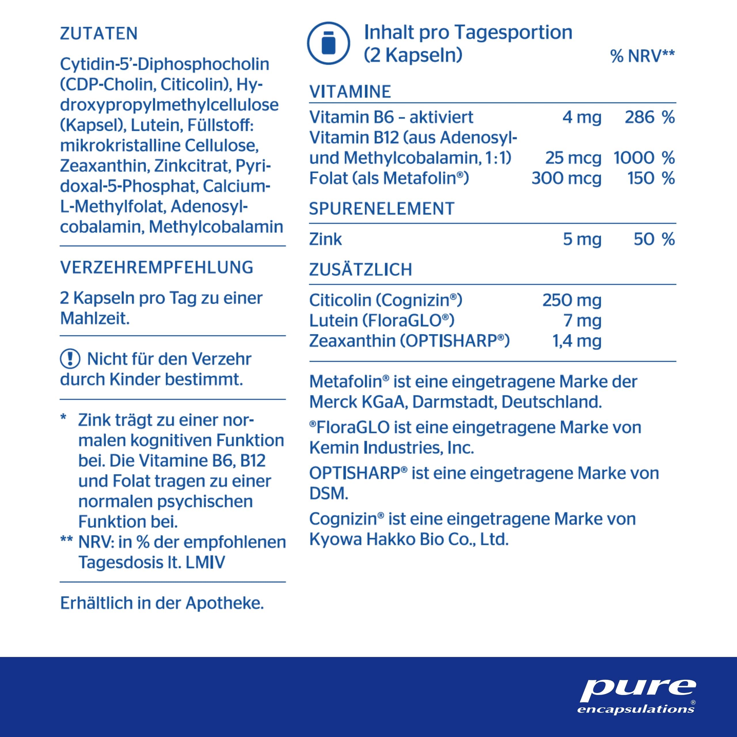 Pure Encapsulations - Gedächtnis Formel - Mit Citicolin, B-Vitaminen und Zink - Unterstützt Konzentration und Gedächtnis - 60 Kapseln