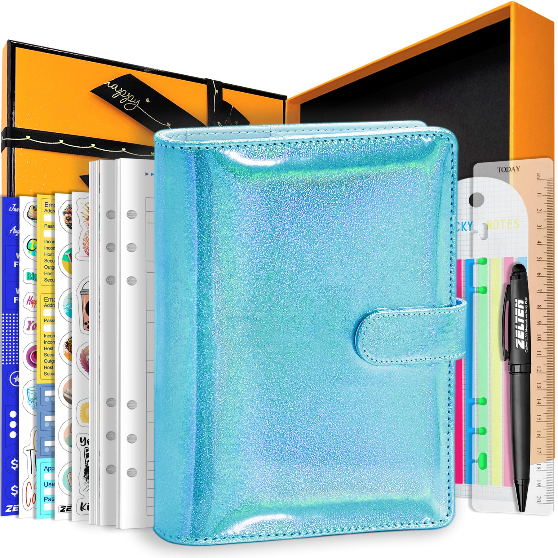 Zelten PU Leather Personal Notebook Planner with 67 Pages Loose-Leaf Papers 6 Holes Ring Binder Pen Holder Magnetic Buckle (Indigo Glitter,A5 Gift Box)