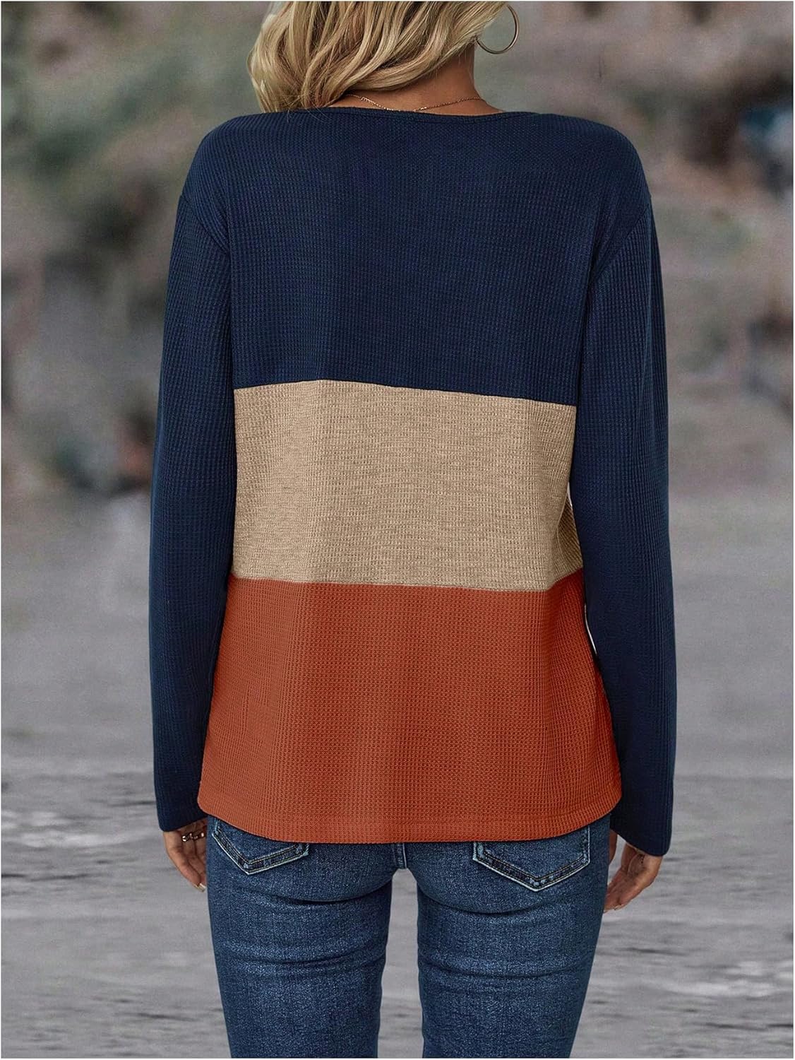 WDIRARA Women's Color Block T Shirts Notched V Neck Long Sleeve Tees Knit Tops - Image 2