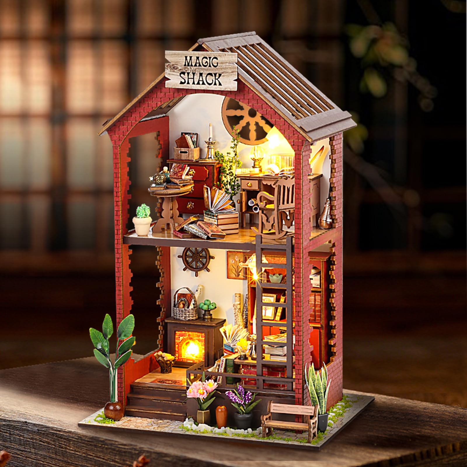 JONRRYIN Book Nook Juego de Casa en Miniatura, Jardín de Miniature House DIY, Casa de Muñecas de Madera en Miniatura 3D con Muebles y Luces LED para Hogar Regalos Creativos (Casa de Vendimia)