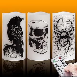 Halloween Flickering Flameless Pillar Candles with Remote Control,Battery Operated LED Timer 3x6 Inch Set of 3 Real Wax Horror Spooky Candles for Halloween Decoration(Raven,Skull,Spider)