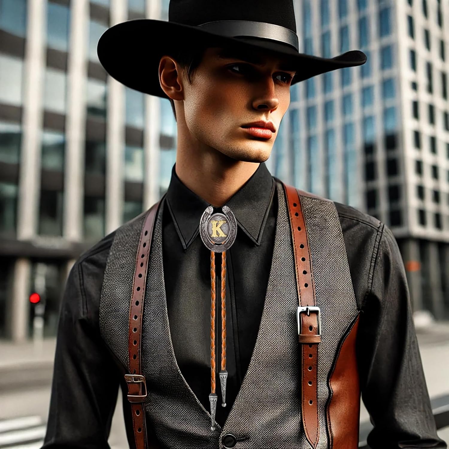 Western Cowboy Vintage Rodeo A-Z Initial Letter Bolo Tie for Men
