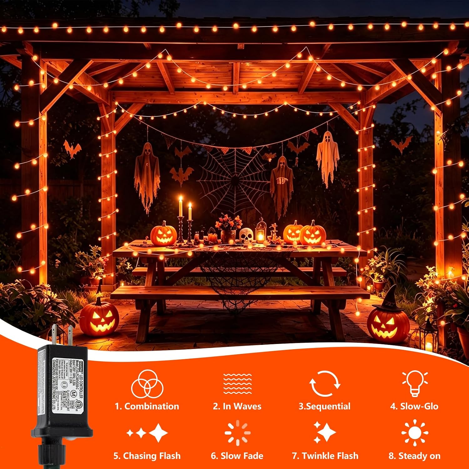 QITONG Halloween Globe Lights Outdoor, 33ft 100 LED Orange String Lights with 8 Modes, Clear Wire Twinkle Fairy Lights for Indoor image 2