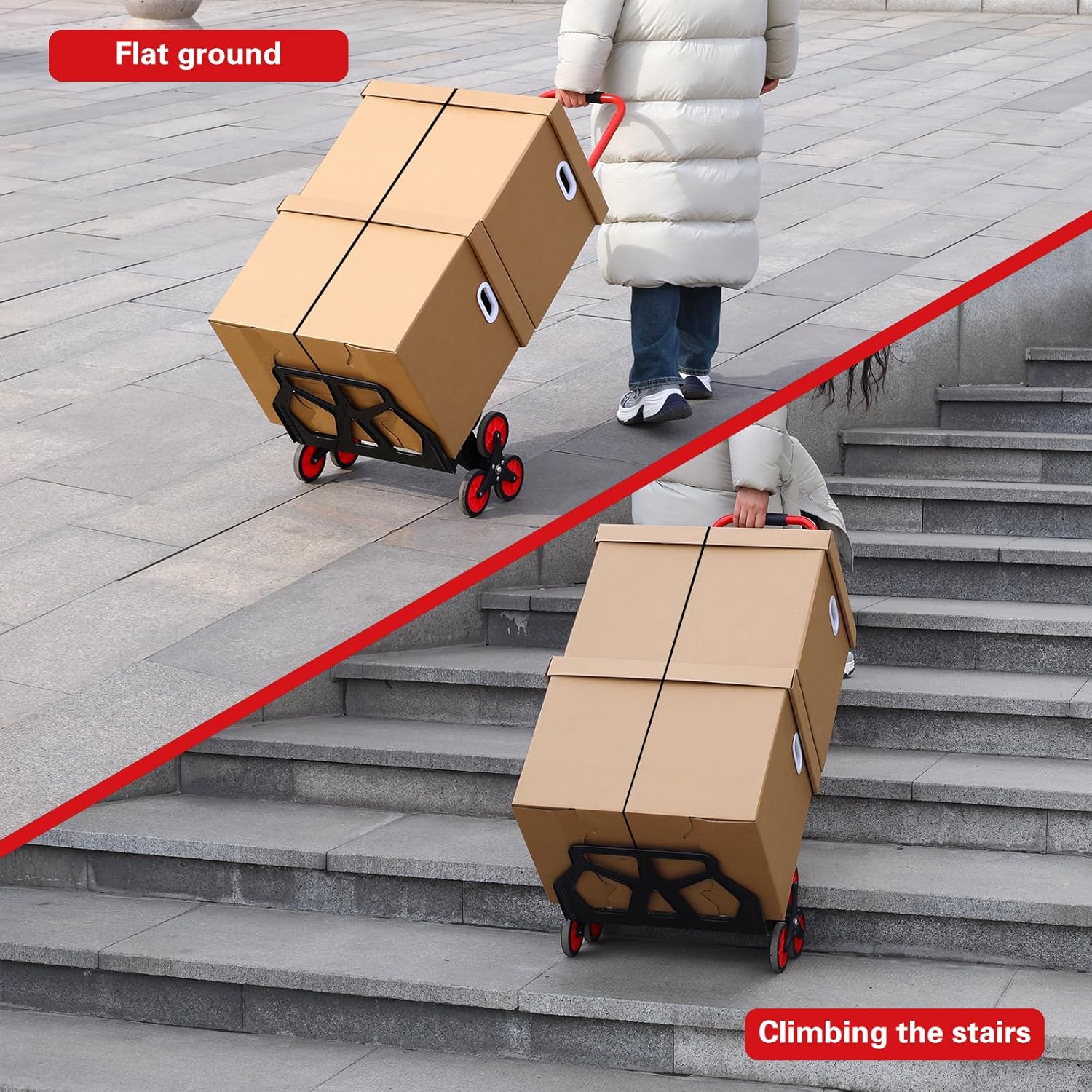 Stair Climbing Dolly Cart,Stair Climbing Hand Truck Dolly with Telescoping Handle and Stairs Wheels,200 LB Capacity Heavy Duty Folding Hand Truck for Stairs,Moving,Office (Red)