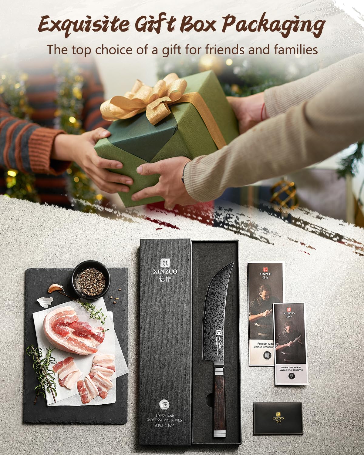 XINZUO Acero de Damasco 19cm Cuchillo de Trinchar de Cocina -Recubrimiento de Titanio Negro -Afilado Forjado Cuchillo Fileteador de Cocinero Profesional -Mango de Madera de Ébano -con Caja de Regalo