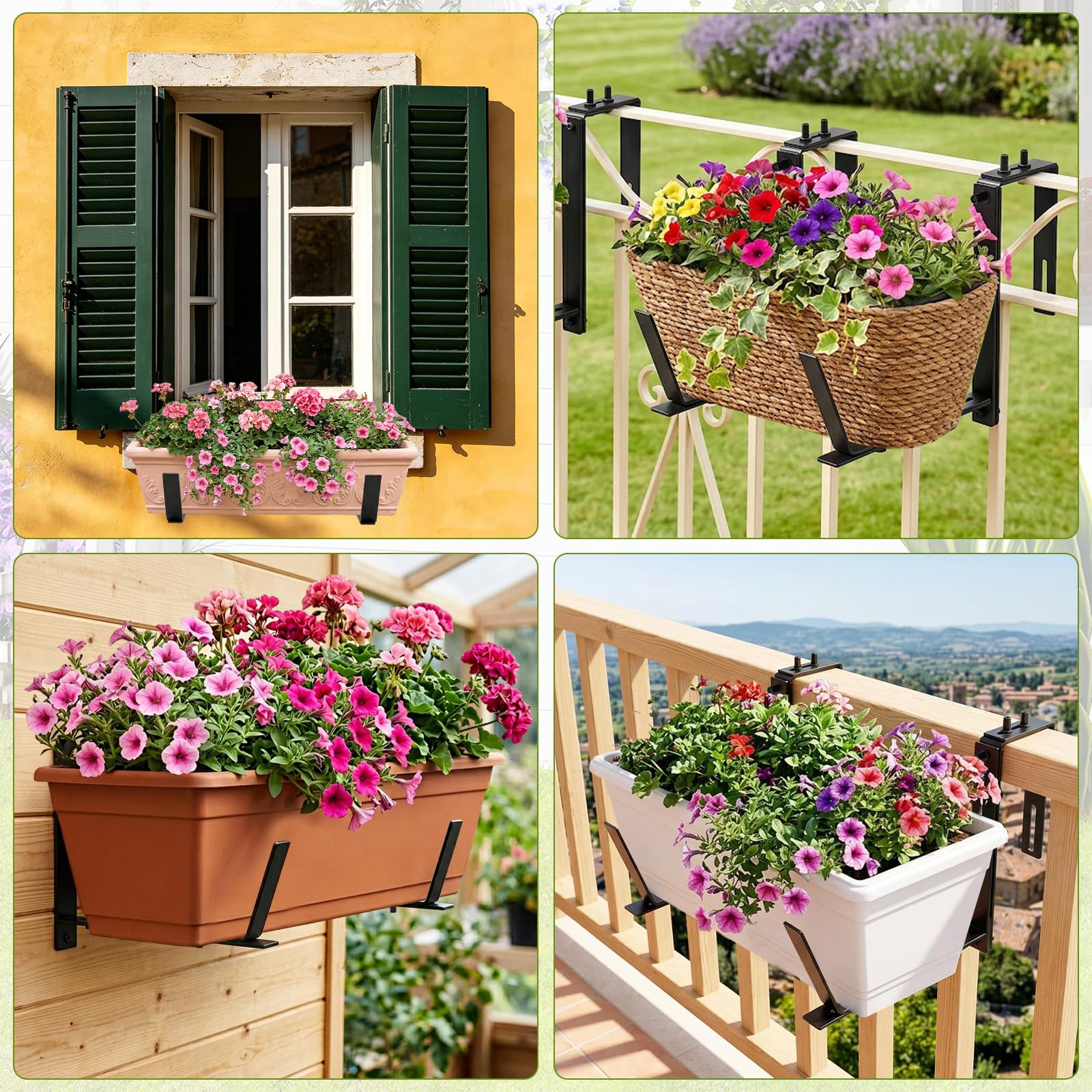 4 Stück Blumenkastenhalter für Balkon-Brüstungen und Geländer, Verstellbar Blumenkastenhalterung 2 Montagearten Metall Pflanzkastenhalterungen für Wände, Gärten, Zäune, Terrassen