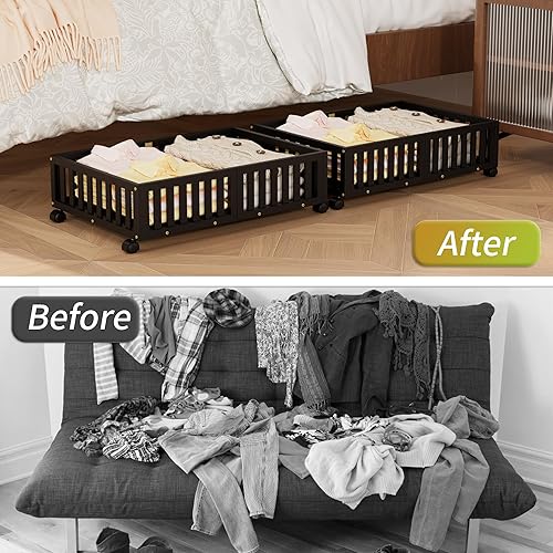 Miniatura 6 de Almacenamiento de bambú debajo de la cama con ruedas (paquete de 2)  Caja organizadora de zapatos con ruedas para zapatos, mantas, juguetes,