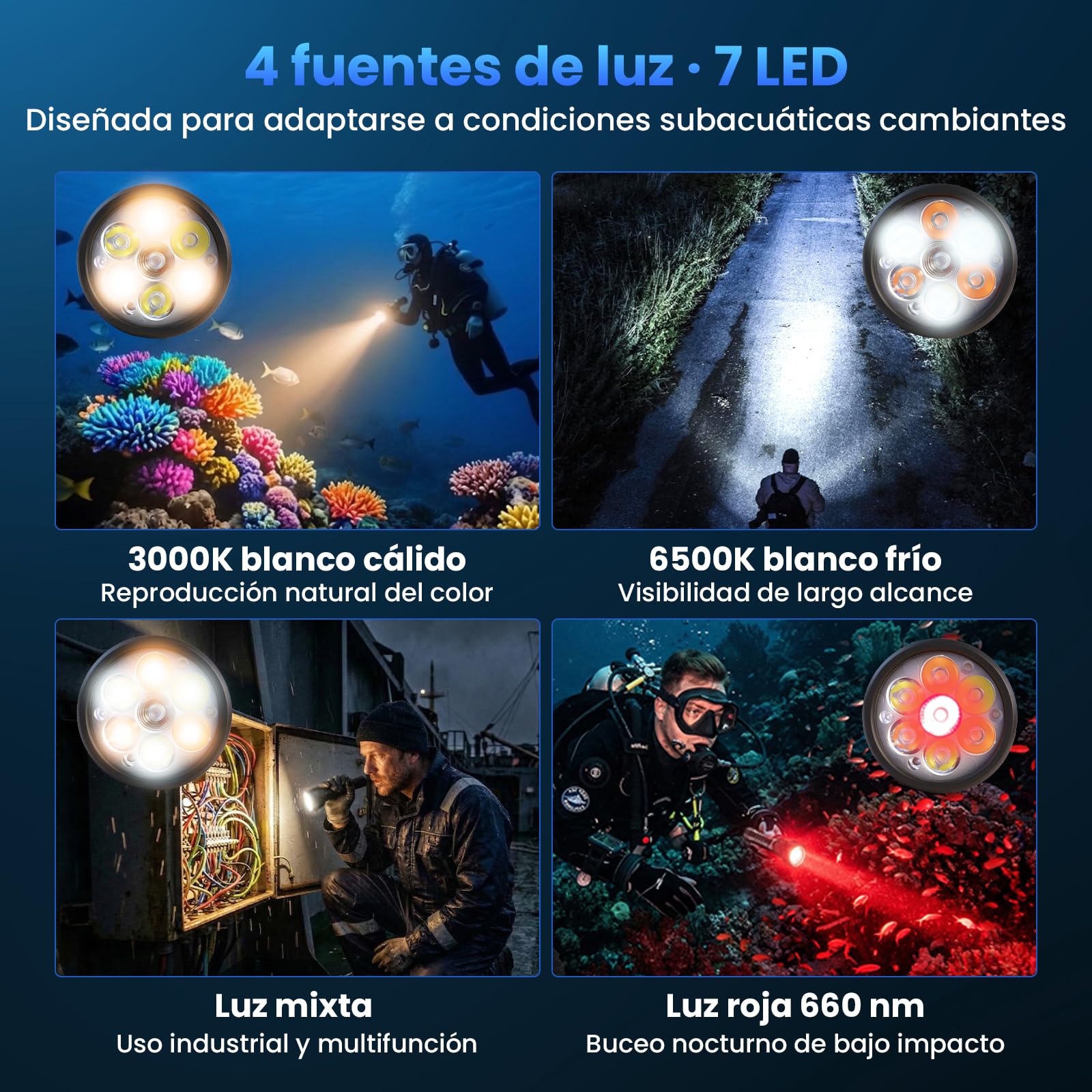 Sofirn SD11 Lámpara Subacuática, 5000LM, CRI 90, Lámpara Recargable con Luz Roja de 660NM, 3000K-6500K, USB-C, IPX8, con Rosca de 1/4" y Correa de Seguridad, para Fotografía Submarina, Pesca