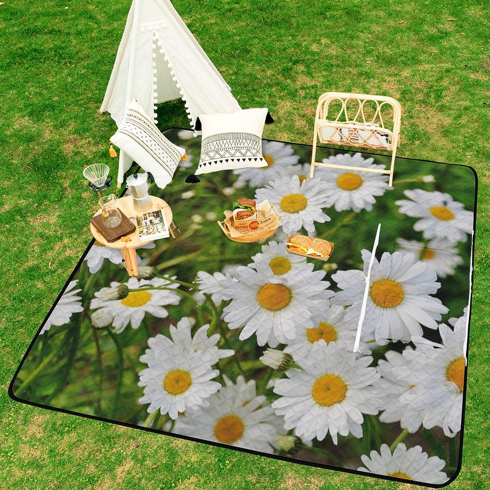 3D Impression White Chrysanthème Couverture Pique Nique Tapis Pique Nique Nappe Picnic Couverture De Pique-Nique pour Le Voyage, Le Camping, Les Vacances, Etc 200x200cm