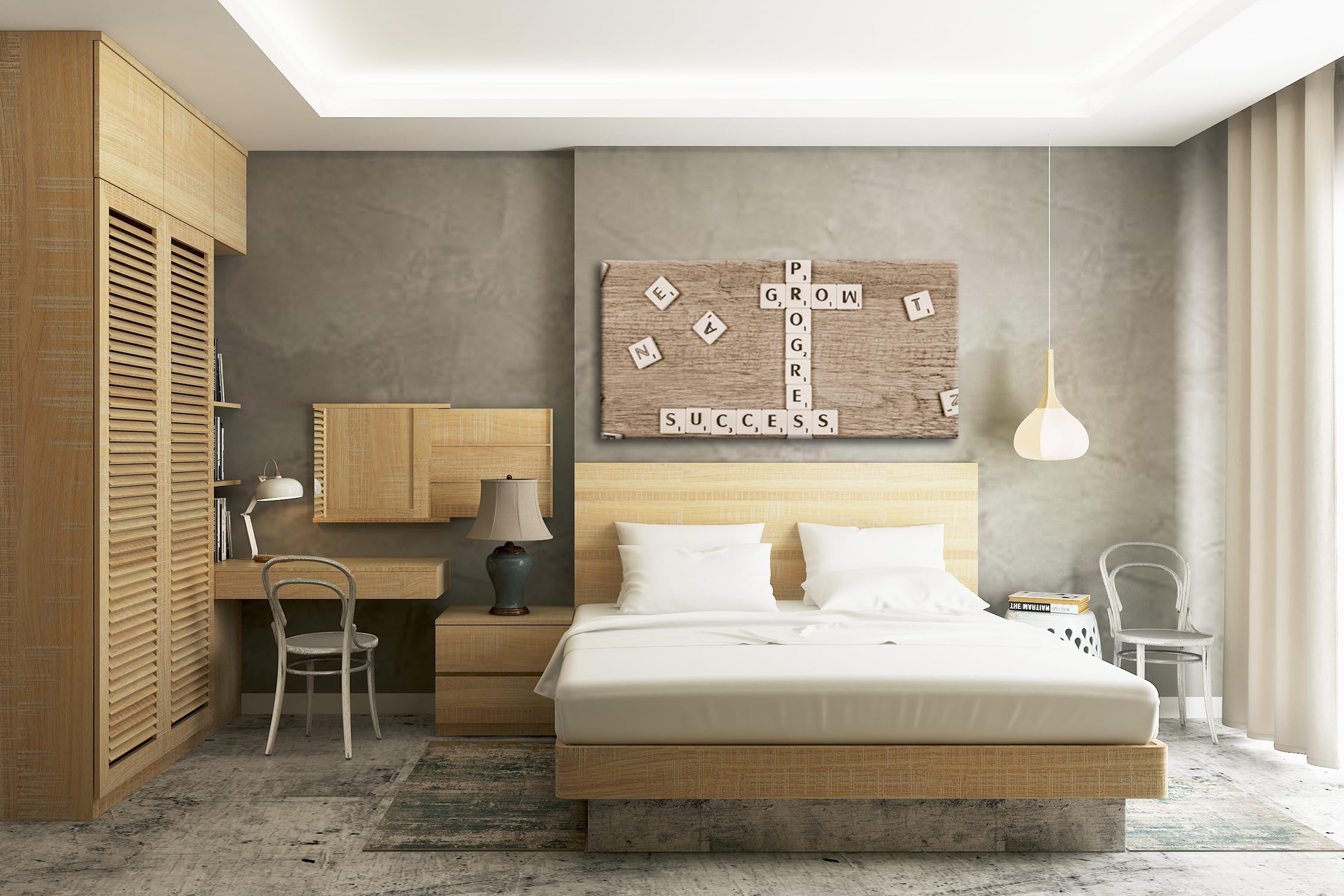 Crecimiento y éxito, como crucigrama de piedras de letras, panorámico, 120 x 60 cm, efecto: sepia XXL, impresión artística sobre marco de madera, lienzo, mural, decoración de salón