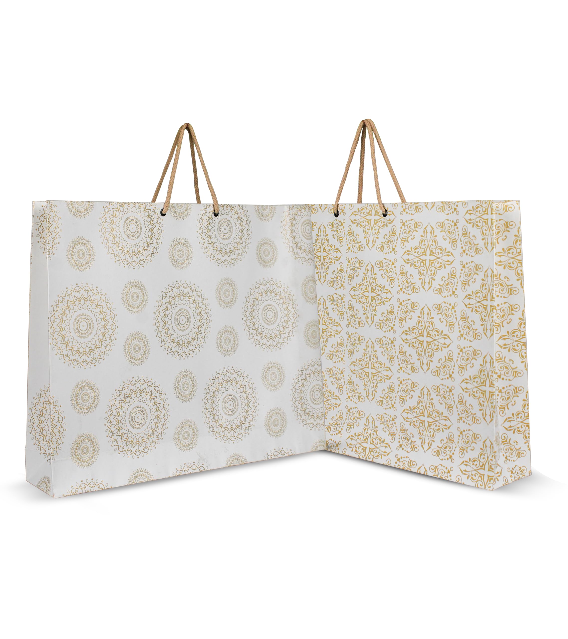 KOSY Paper Gift Bag for Gifting Eco Friendly Reusable Printed Paper Carry Bag with Golden Mix Designer Pattern Durable Lightweight Large Size for Chocolates Jewelry Accessories Pack of 10