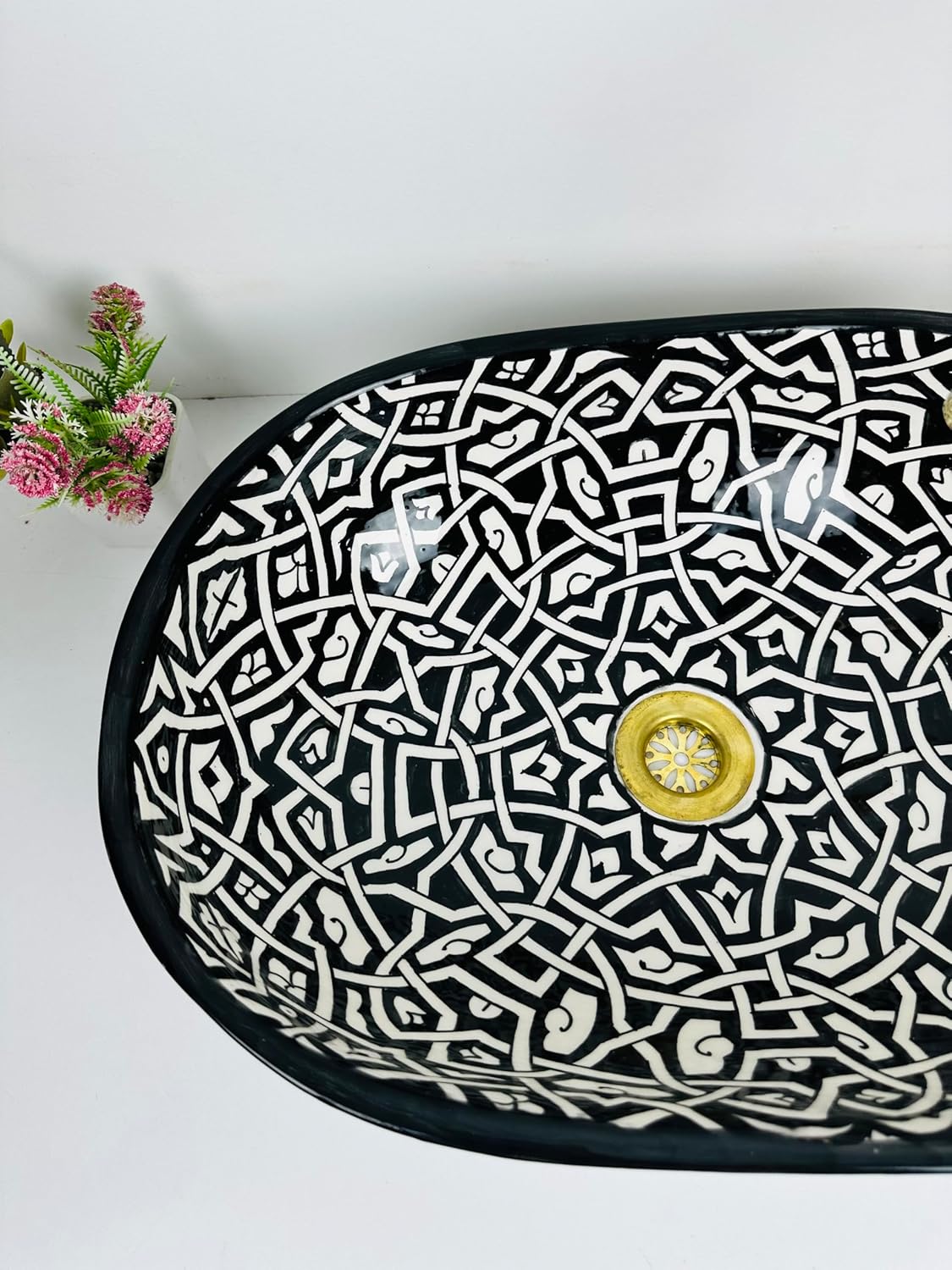 Modern Black and White Vessel Sink – Moroccan Geometric Interlocking Pattern Countertop Basin – Oval Porcelain Art Wash Bowl for Bathroom Vanity (48x34cm = 19x13.4in)