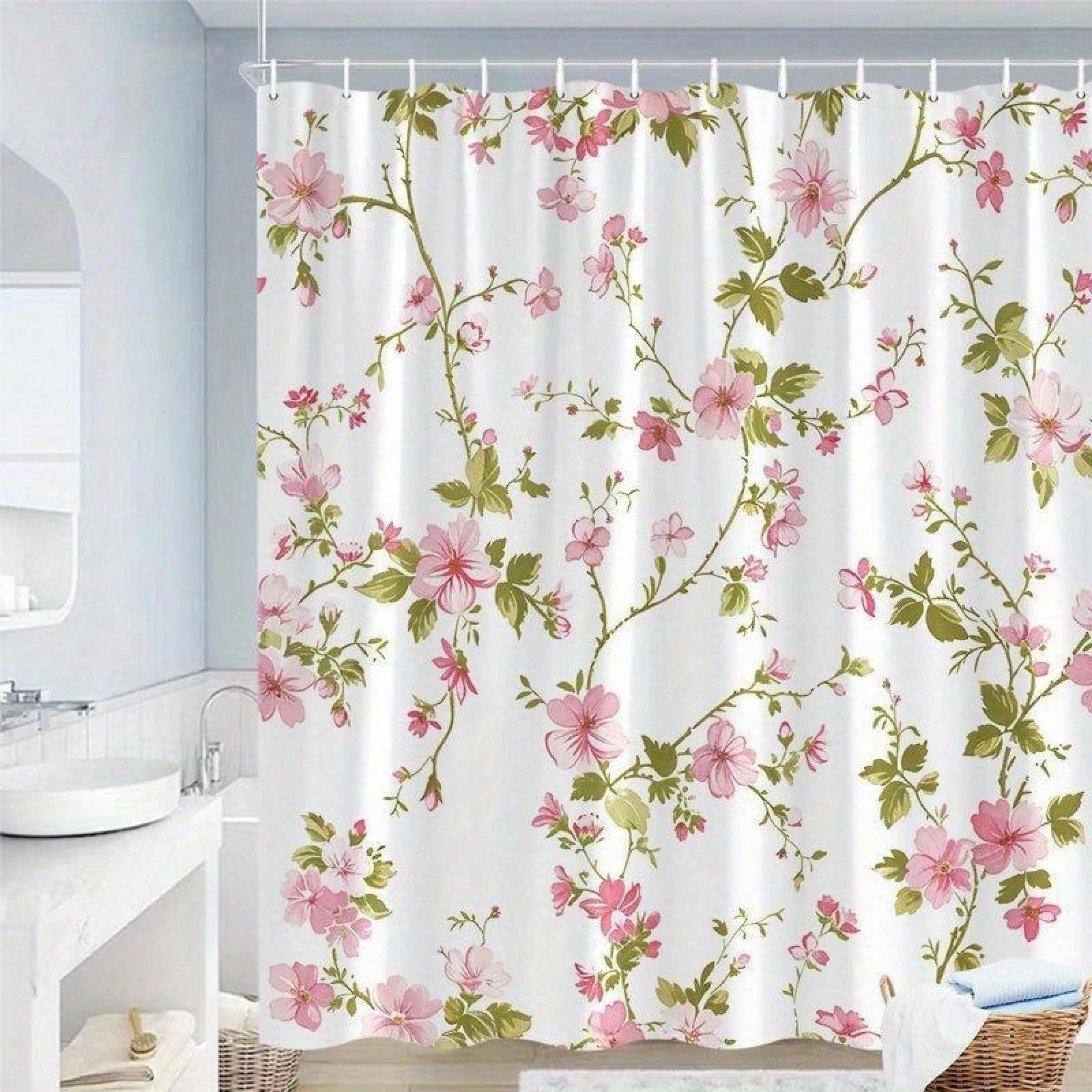 Vintage Duschvorhang mit Pflanzenmotiv, rosa und weißen Blumen kombiniert mit grünen Blättern für Nassräume (240 x 199 cm / 94 x 87 Zoll (B x H))