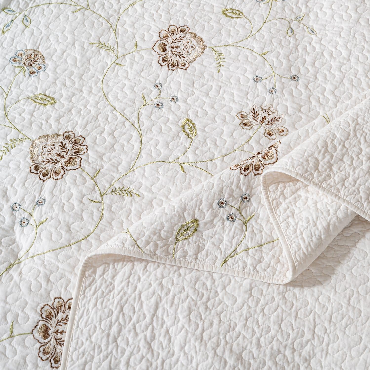 meadow park Embroidery Quilt Set 3-Piece Prewashed. 100% Cotton. Embroidery and Allover Quilting. Queen Size Bed Spread. Ivory Color. - Image 4