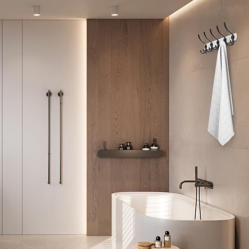 Miniatura 5 de Perchero blanco y negro montado en la pared, de acero inoxidable resistente de 16 pulgadas, acabado mate, 5 ganchos para colgar toallas, bolsas,