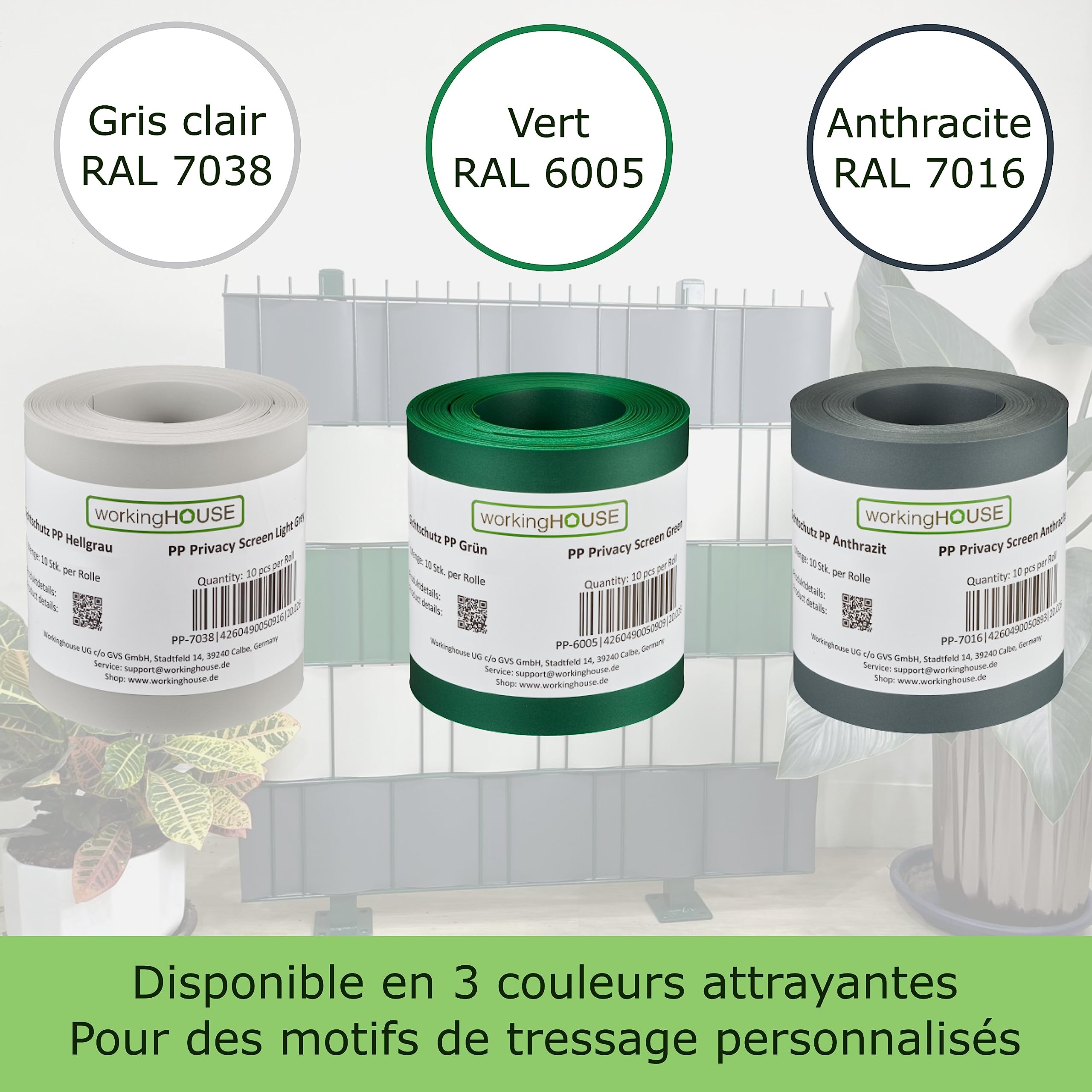 Workinghouse Bandes Brise-Vue PP Grillage Rigide, Gris Clair | 10 bandes occultantes 2,55m, épaisseur 1,1mm, résistantes