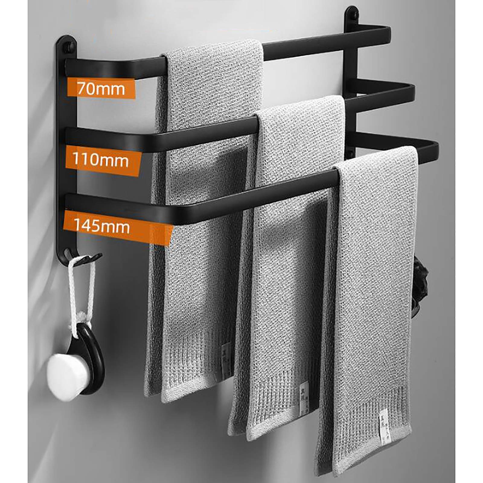 Portasciugamani da Bagno Nero a Parete, Portasciugamani da Bagno a Tre Strati, Portasciugamani in Alluminio Spazio Impermeabile e Antiruggine per Cucina, Doccia, Hotel/60Cm